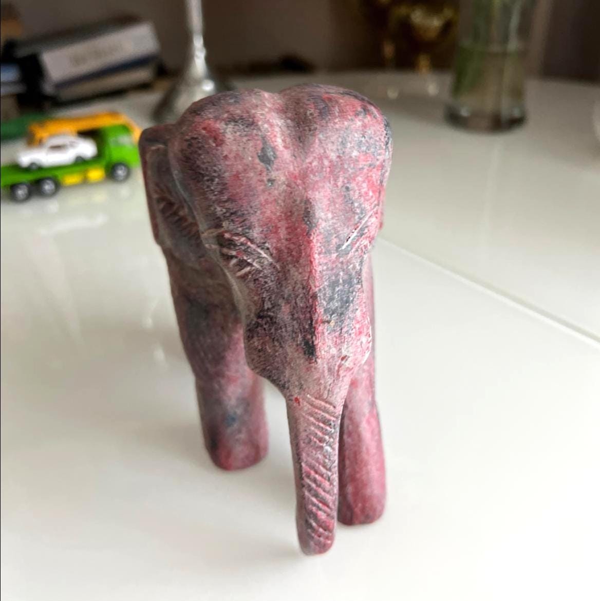 Carved Wooden Elephant Figurine Red Finish 1970s