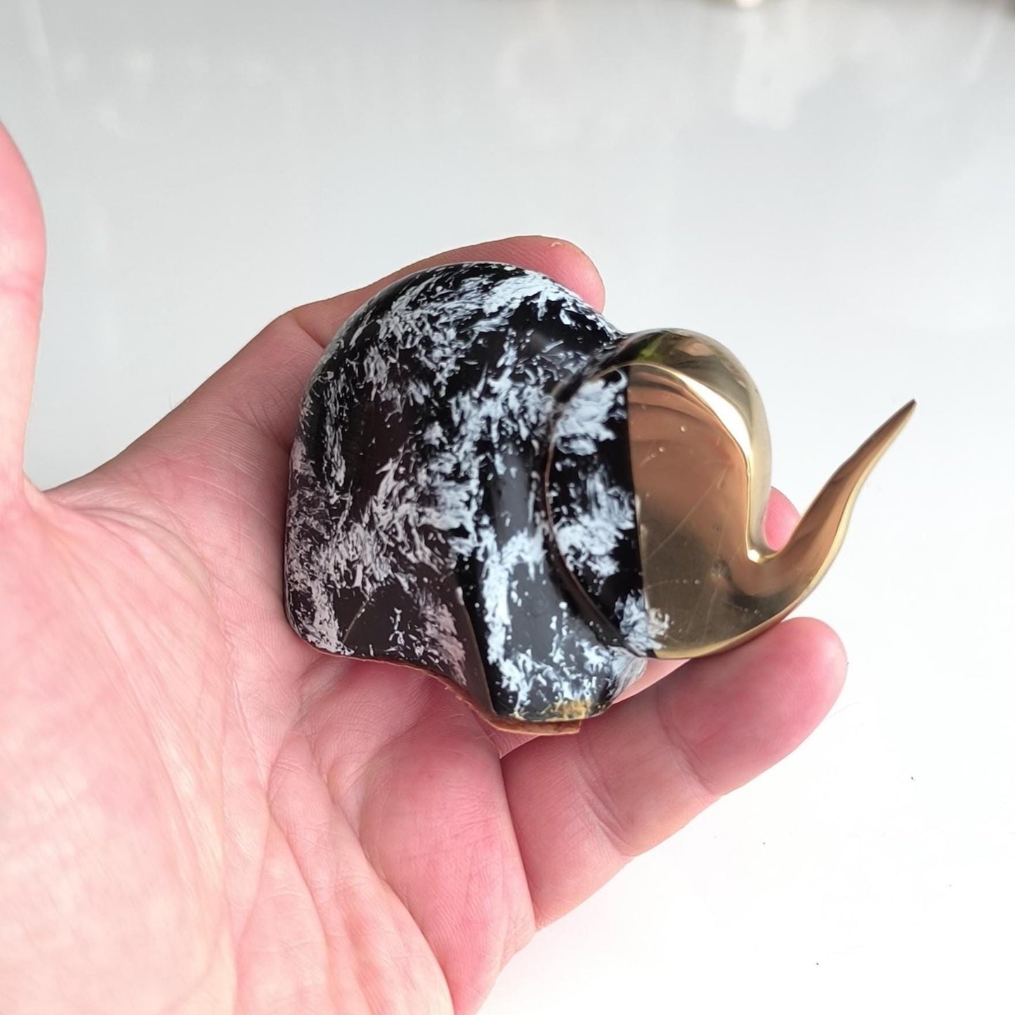 Handmade Small Black Elephant Statue with White Accents and Gold Head, 1980s