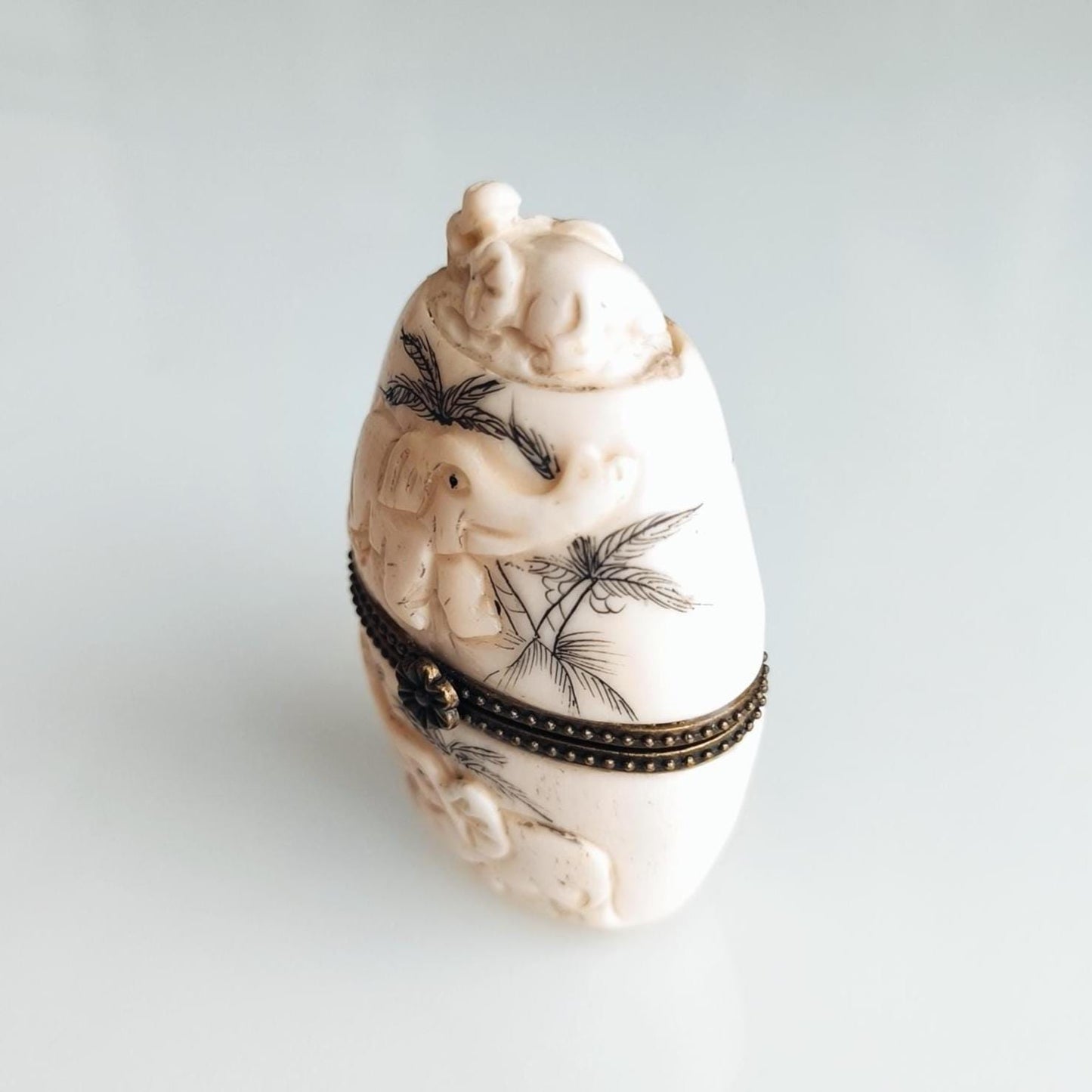 Elephant Trinket Box, White Stone Brass Inlay 1960s