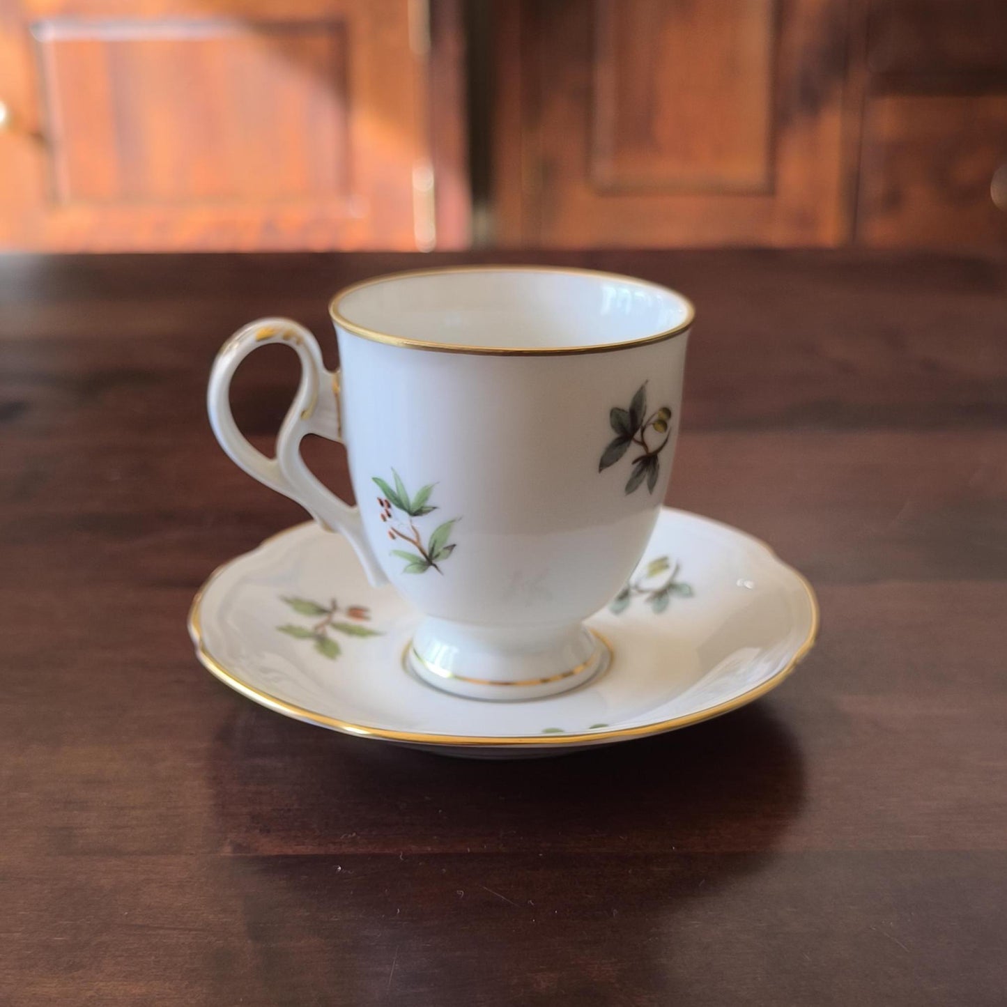 German Porcelain MPM Saxonia Coffee/Tea Cup & Saucer – Hand-Painted Blue Bird, Yellow Flower, 1980s