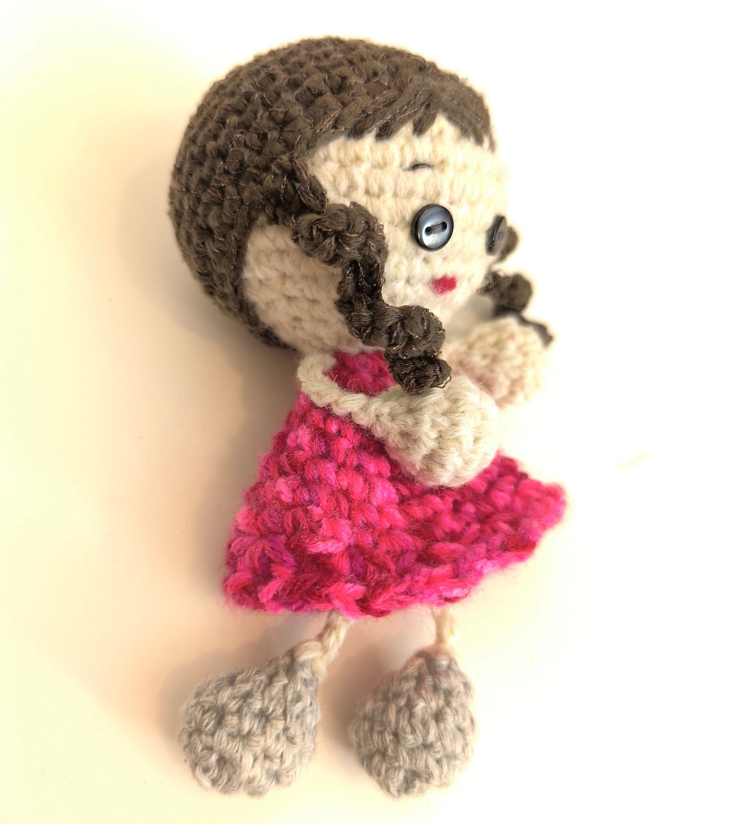 Handmade Knitted Doll, Girl with Dark Hair, Red Dress, Gray Shoes, Collectible Doll