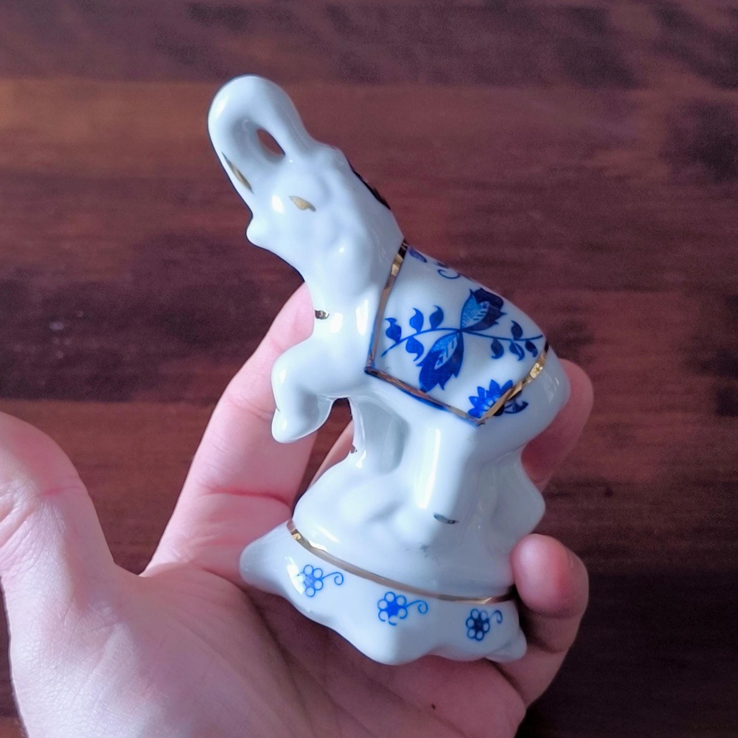White Porcelain Elephant Figurine With Blue Flowers, Handmade 1970s