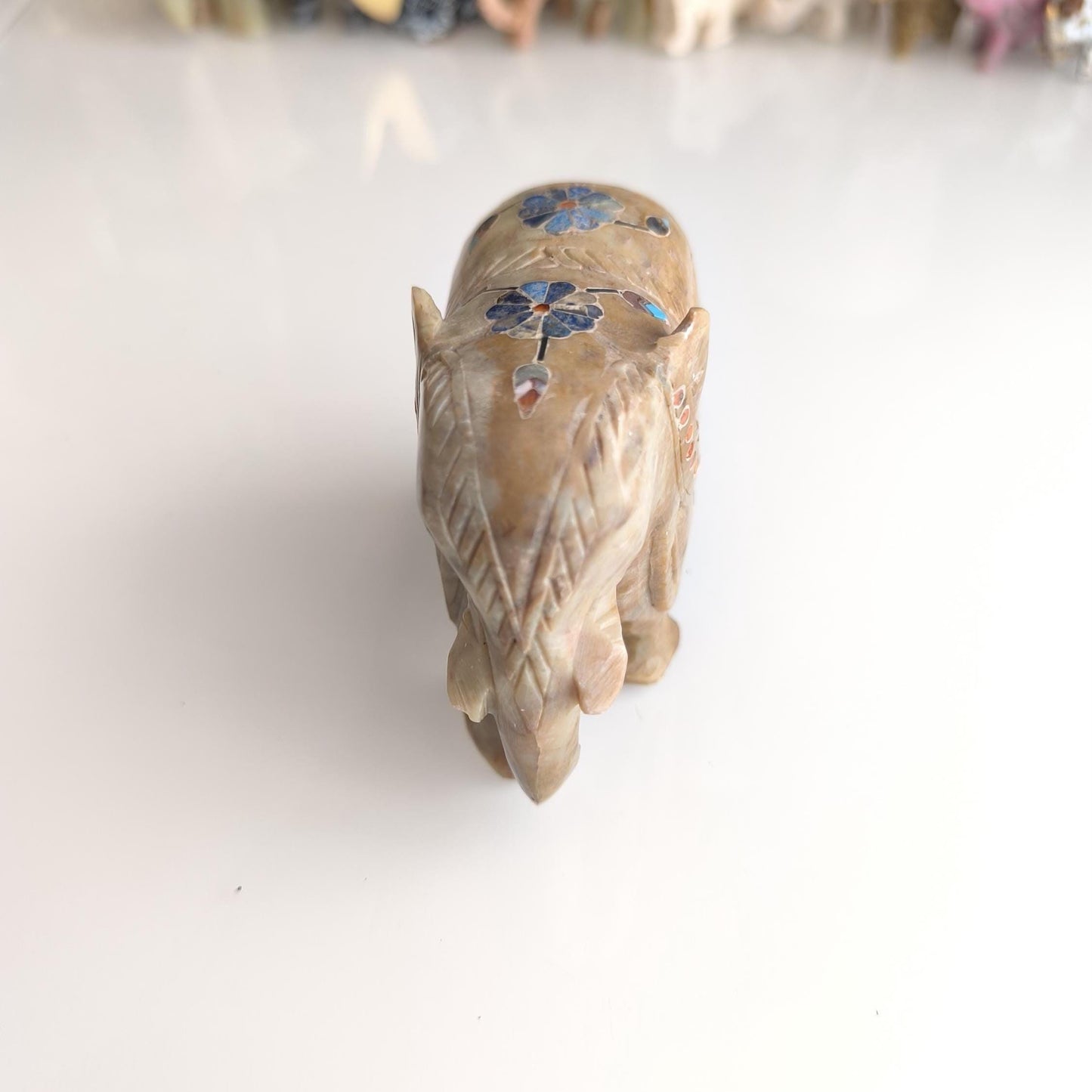 Hand-Carved Asian Elephant Statue with Inlaid Colored Stones, 1980s