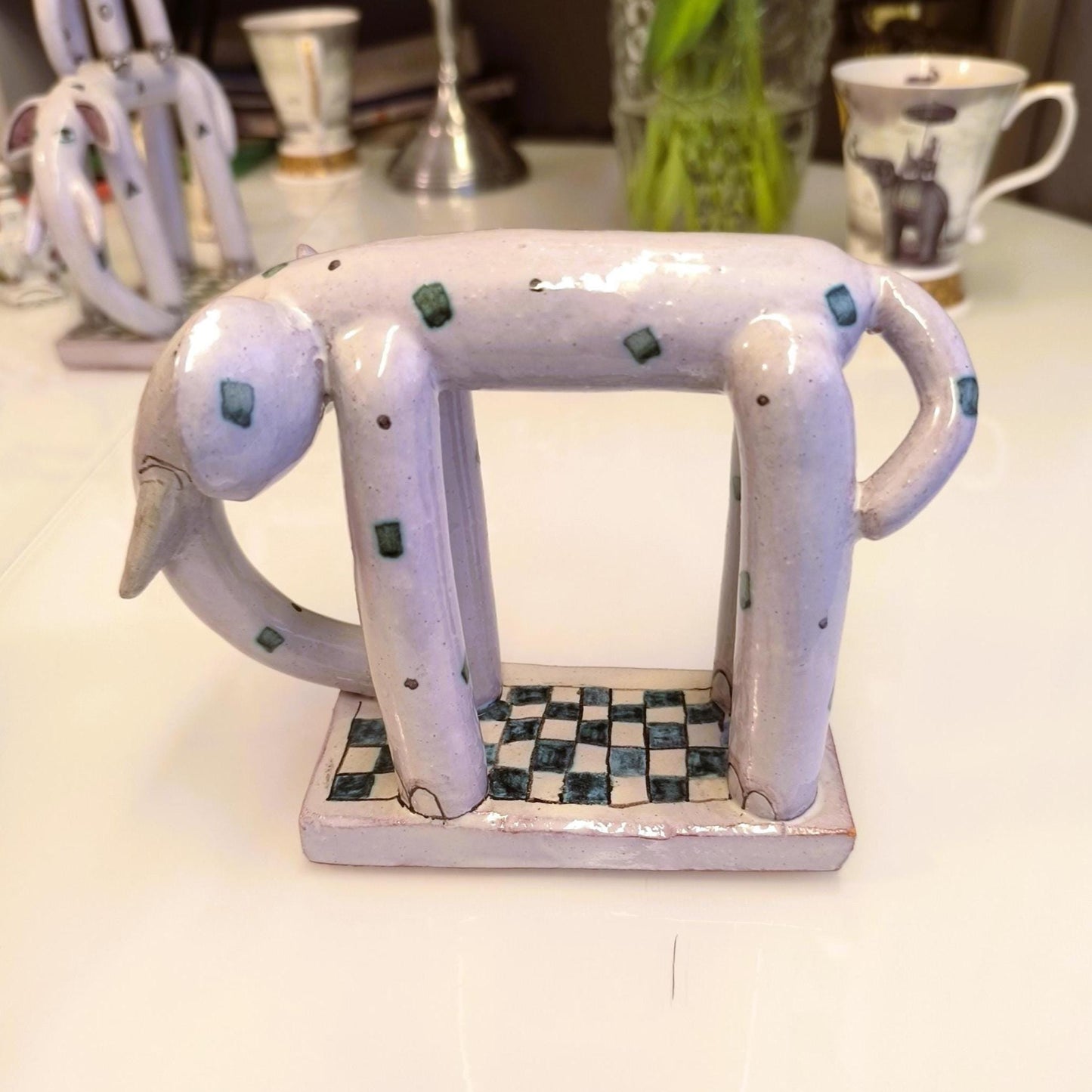 Ceramic Gray Elephants With Ornaments On Base 1970