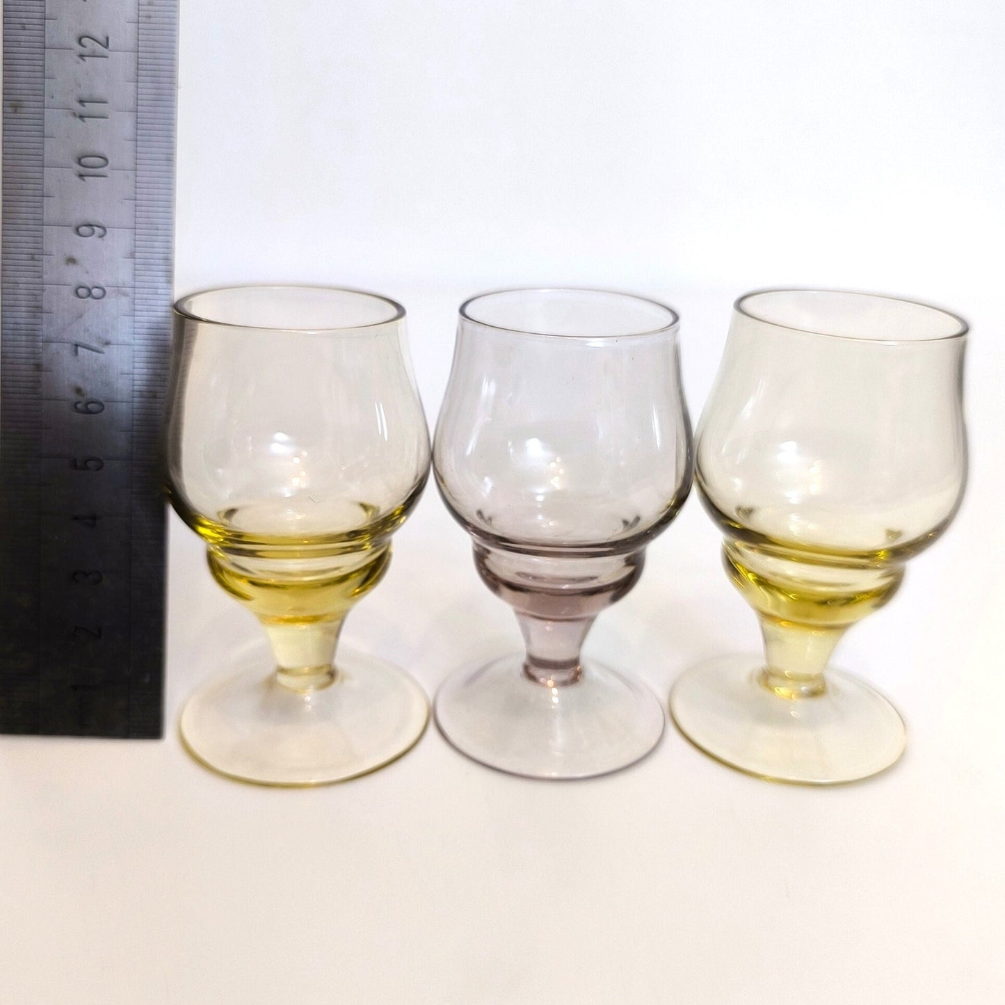 Set of 3 Colorful Shot Glasses (Yellow and Purple), Rare Collectible Lithuanian Shot Cups