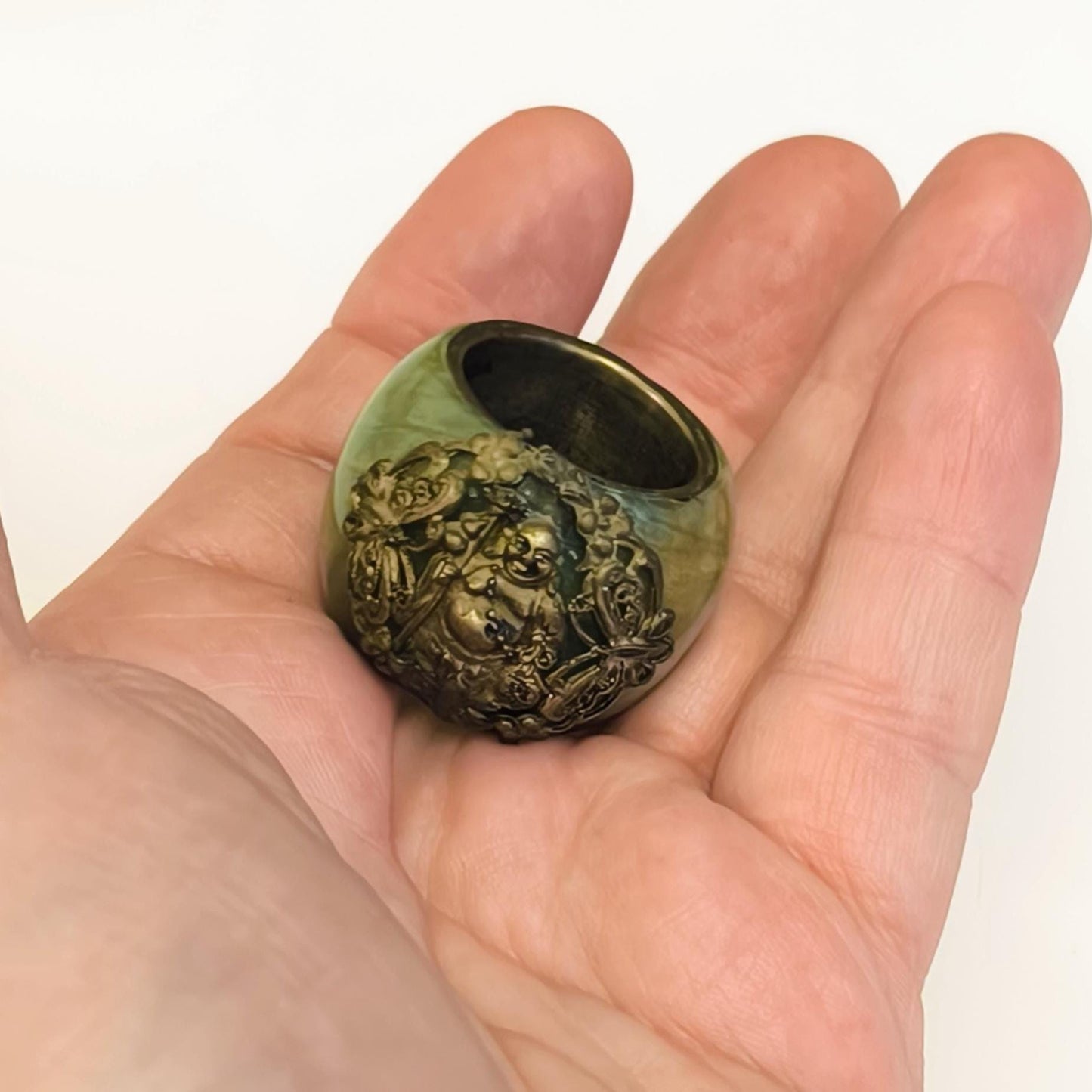 Buddha Napkin Ring, Green Stone Bronze Inlay 1970s