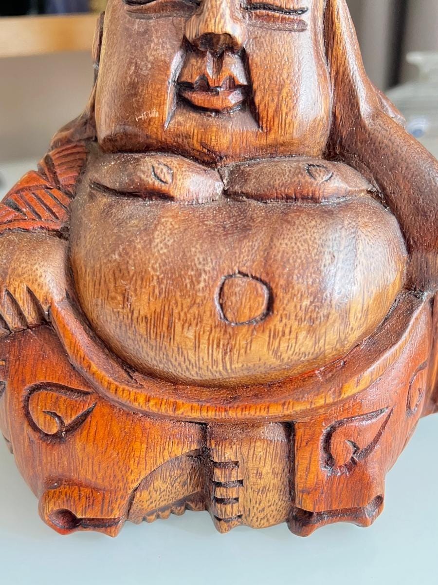 Brown Wood Sitting Buddha Hand-Carved Figurine 1980s