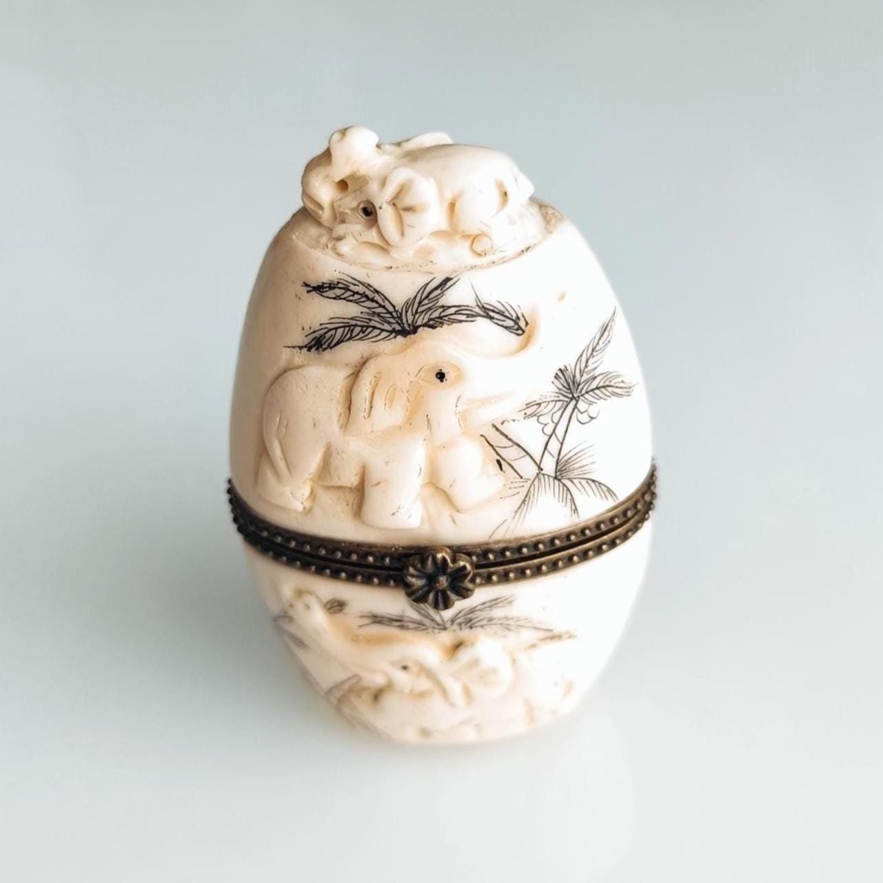 Elephant Trinket Box, White Stone Brass Inlay 1960s