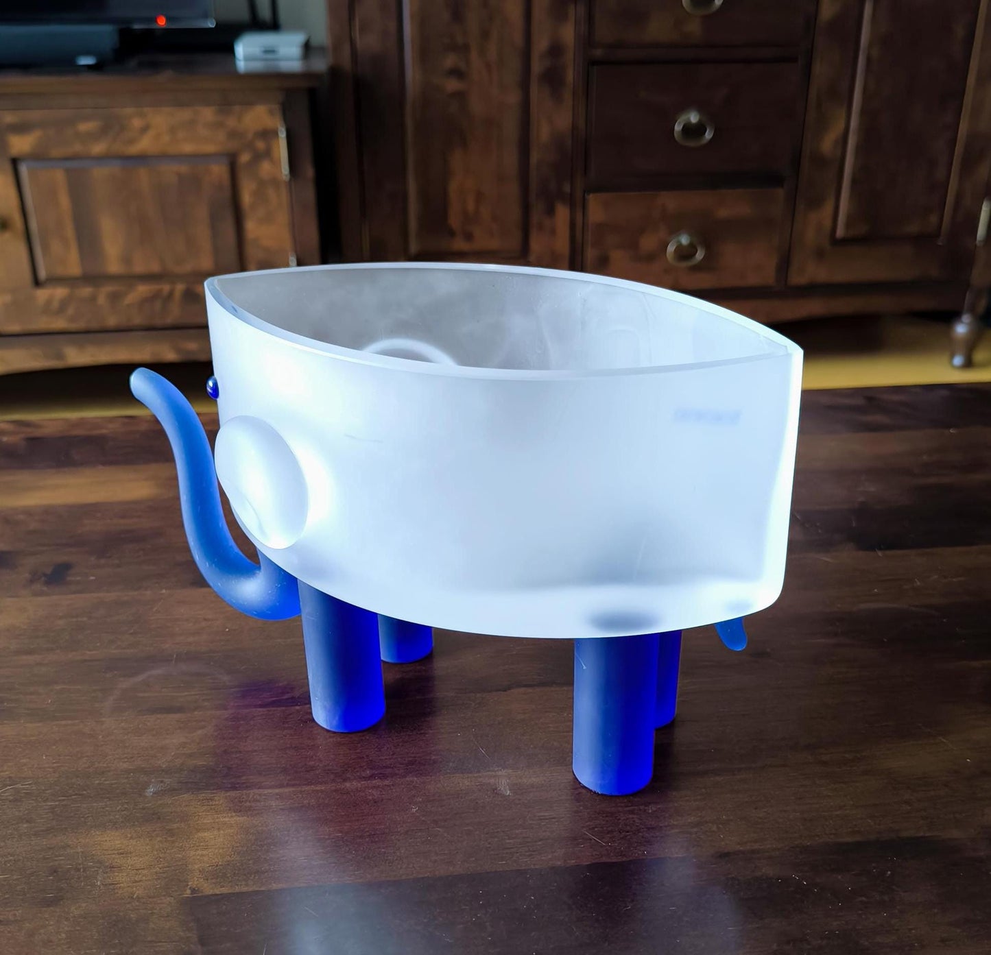 Borowski Sculptural Glass Elephant Bowl, Frosted & Blue, Collectible Art, 2000s