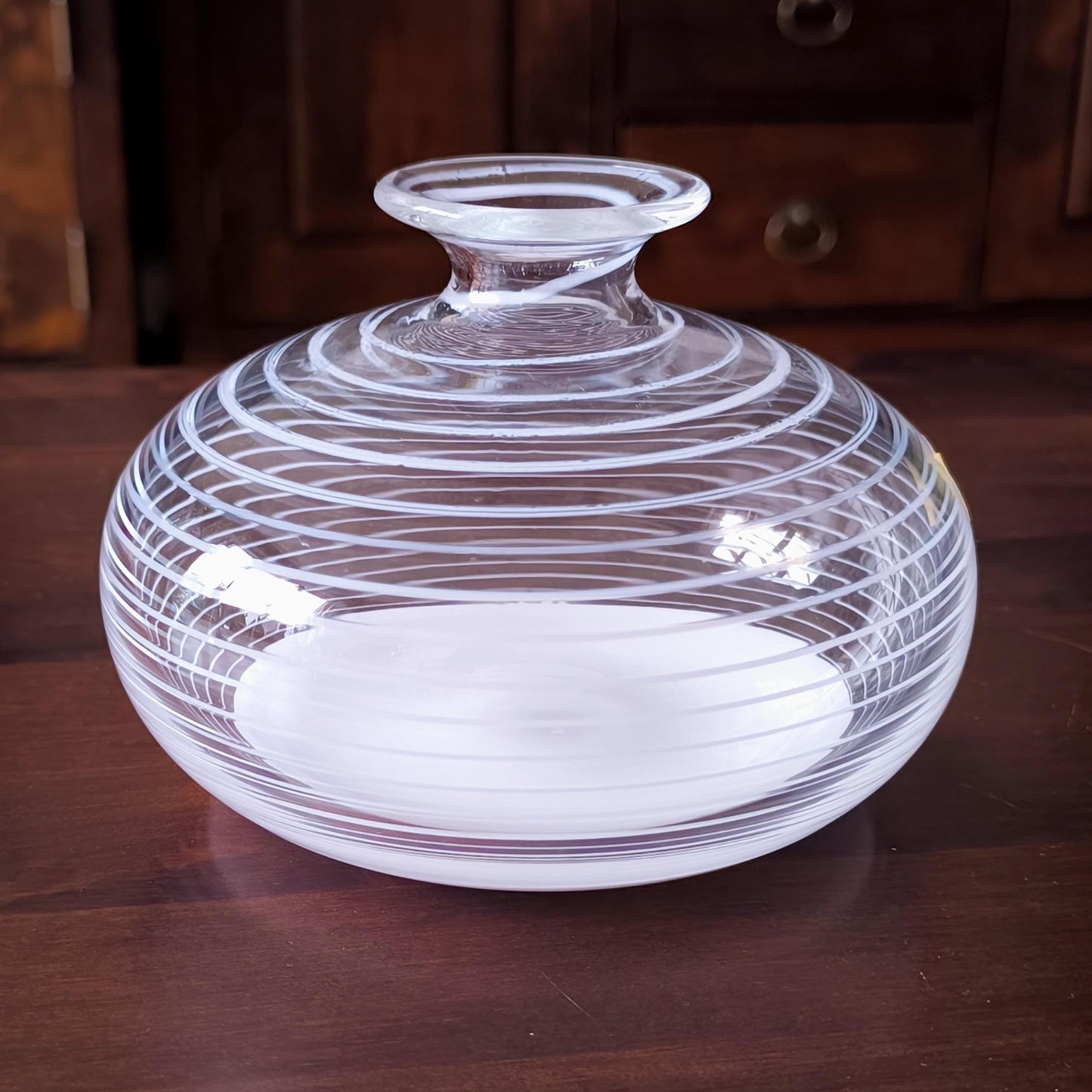 Murano Glass Round and Striped Vase 1980, Original Handmade Clear Crystal
