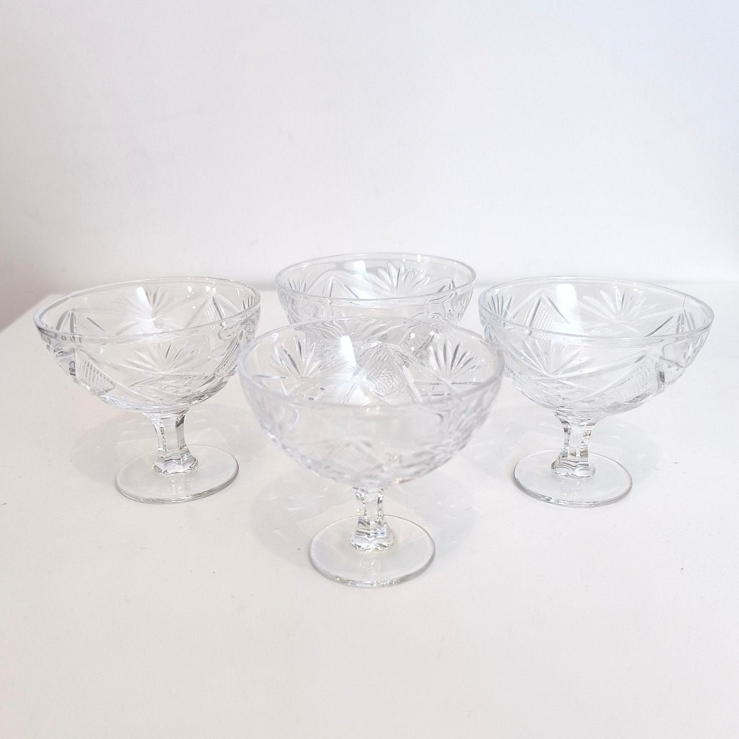 Set of 4 Sparkling Wine Glasses. Vintage Ice Cream Cups. Pressed Glass Crystal Dessert Cups, Made in Soviet Union, 1970s