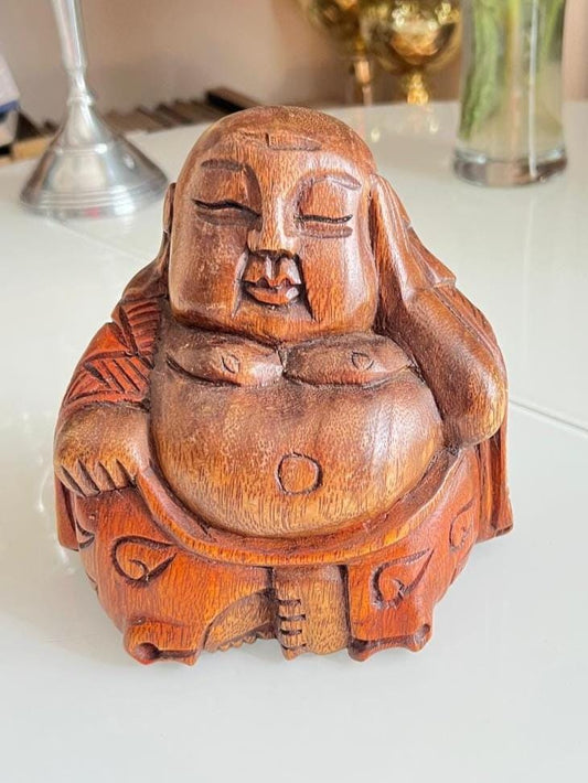 Brown Wood Sitting Buddha Hand-Carved Figurine 1980s
