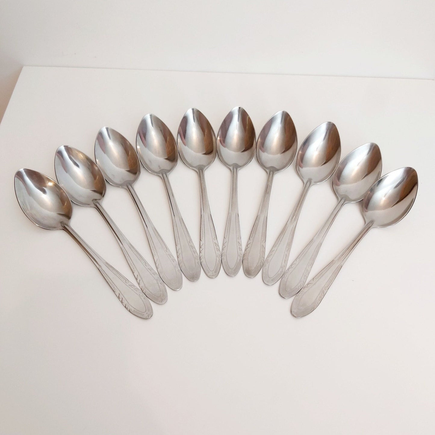 Stainless Steel Dining Spoons - Ornamental Pattern, Set of 10 1970s
