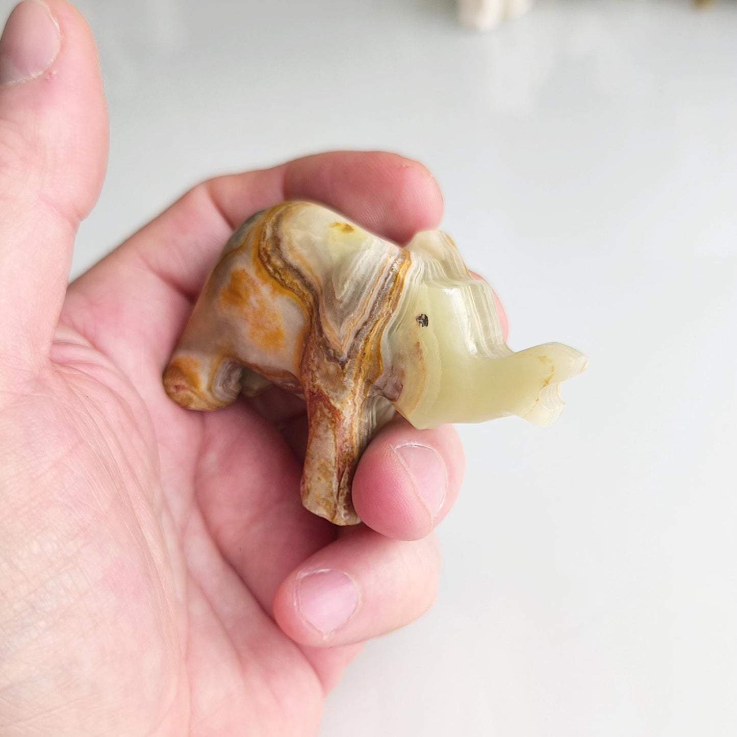 Handmade Small Striped Onyx Elephant Statue with Raised Trunk, 1990s