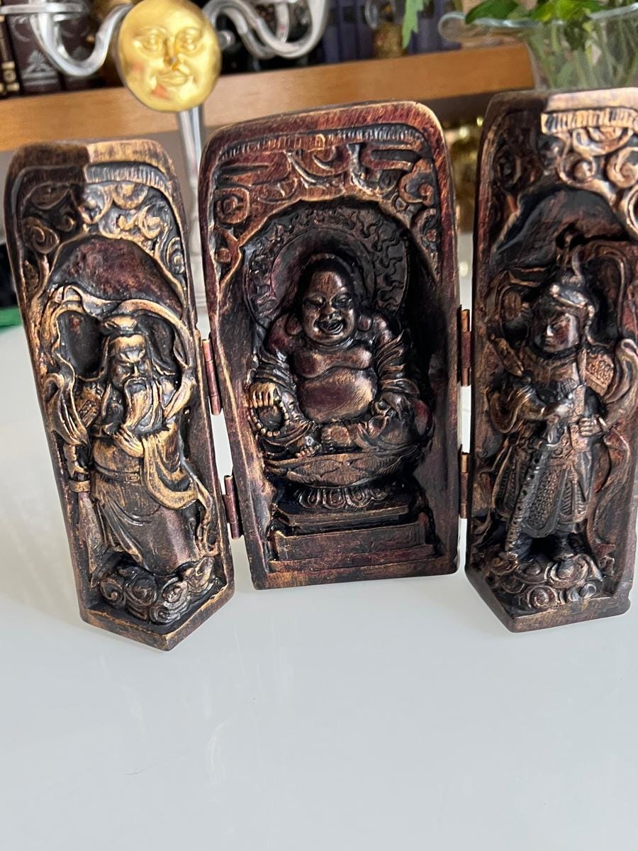Wood Triptych Altar with Buddha Figures 1970s