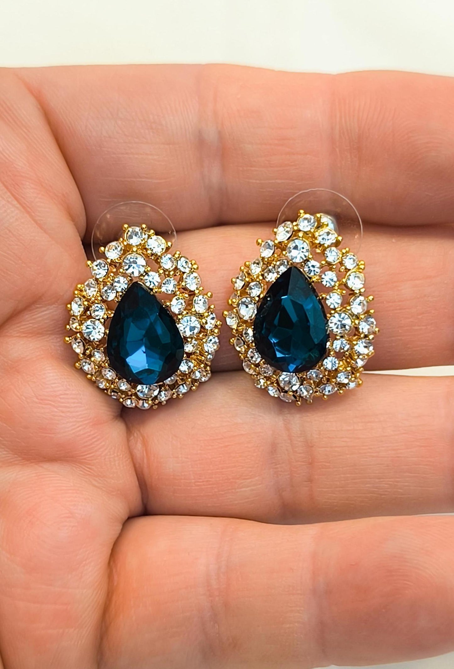 Vintage 2000s 14K Gold-Plated Stud Earrings with Blue Drop Swarovski Crystal & Diamond Accents