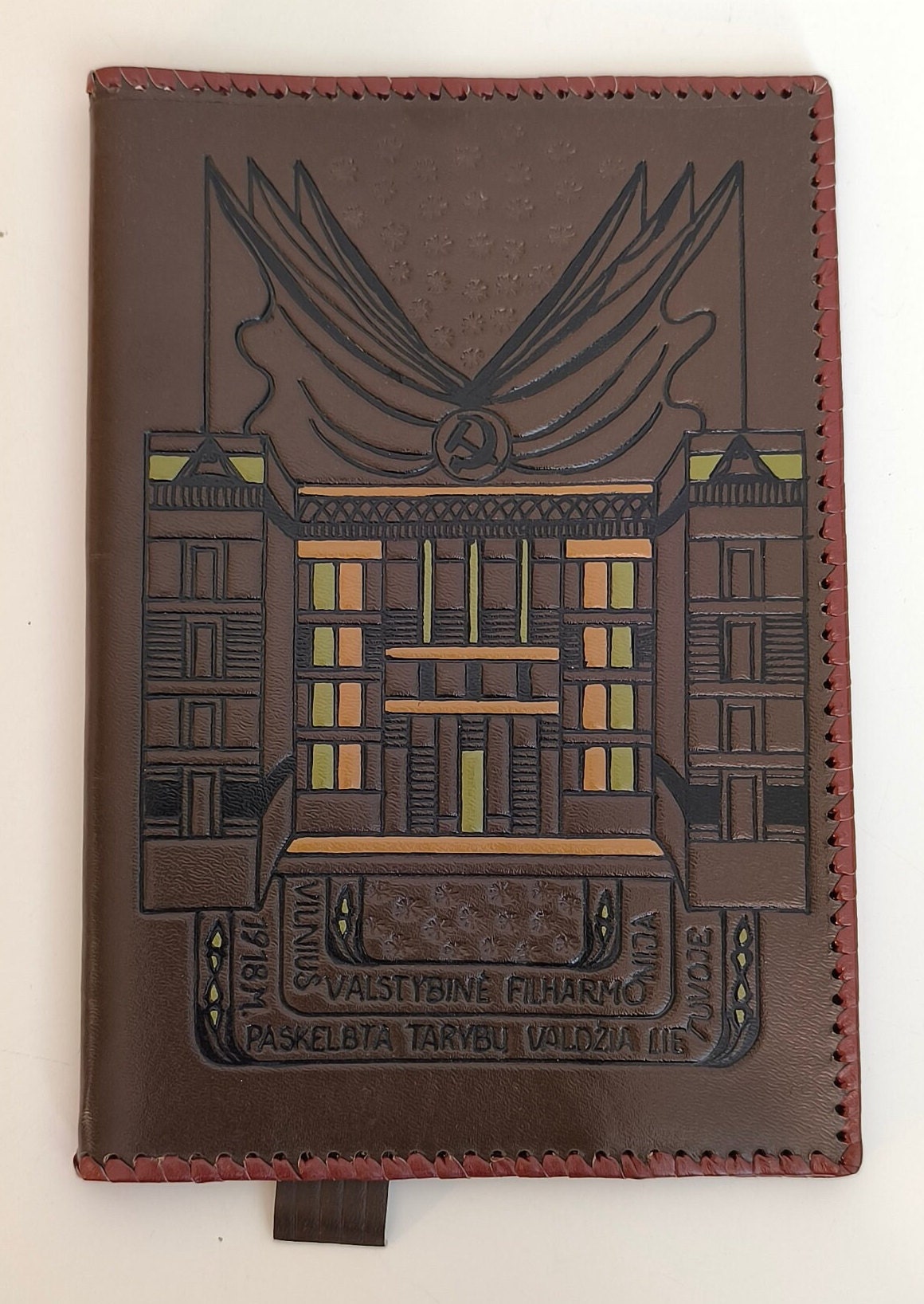 Leather Notebook Cover, Handcrafted Embossed with Lithuanian Inscription: Vilnius State Philharmonic, 1918 Soviet Rule Declaration