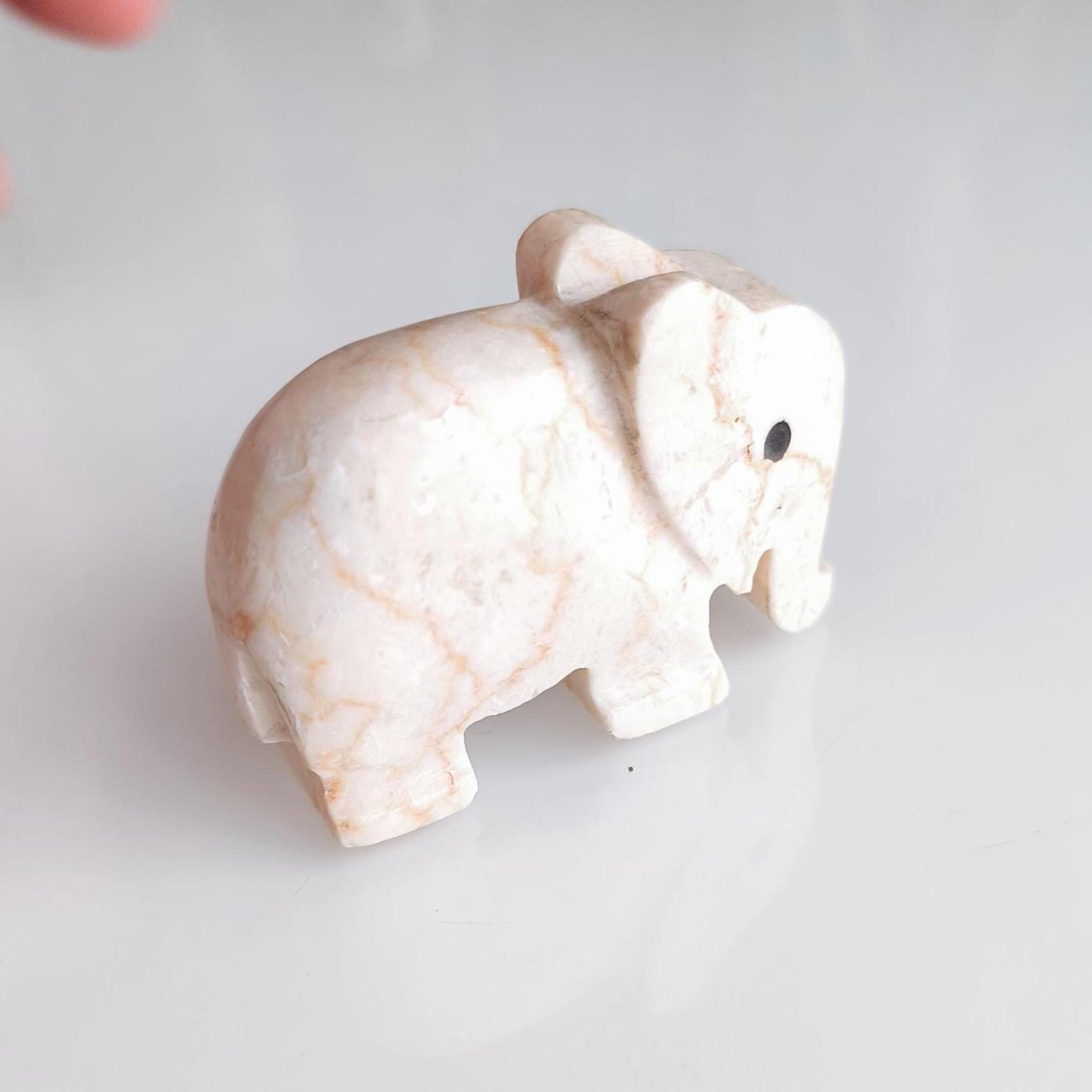 Small White Stone Elephant Statue with Black Eyes, Handmade 2000s