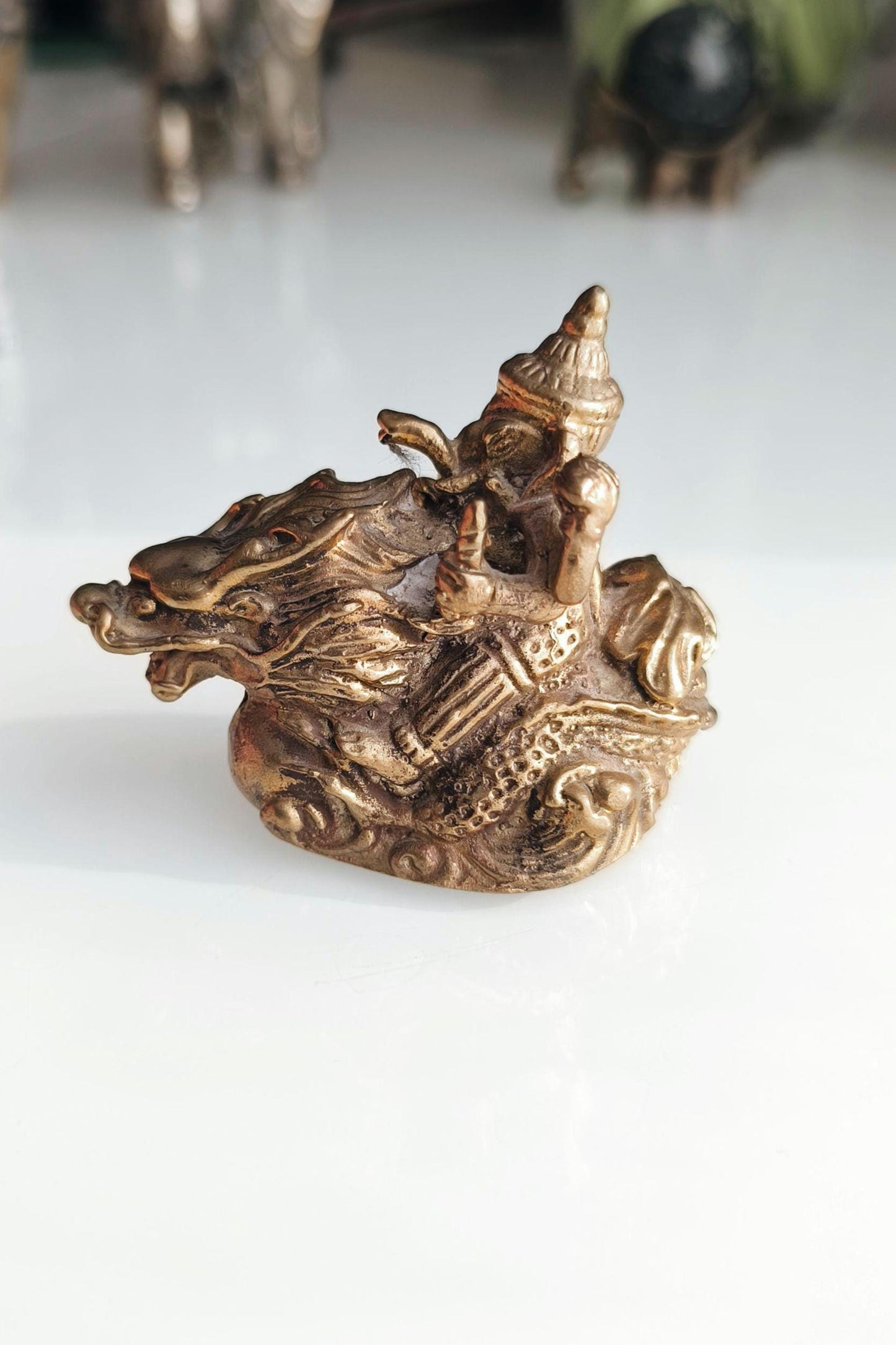 Bronze Statue Ganesha on Dragon, Hindu Mythology Sculpture, 1980s
