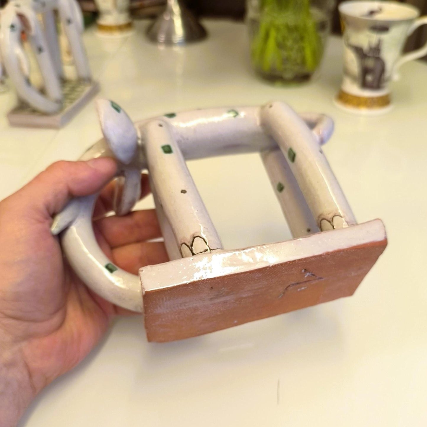 Ceramic Gray Elephants With Ornaments On Base 1970