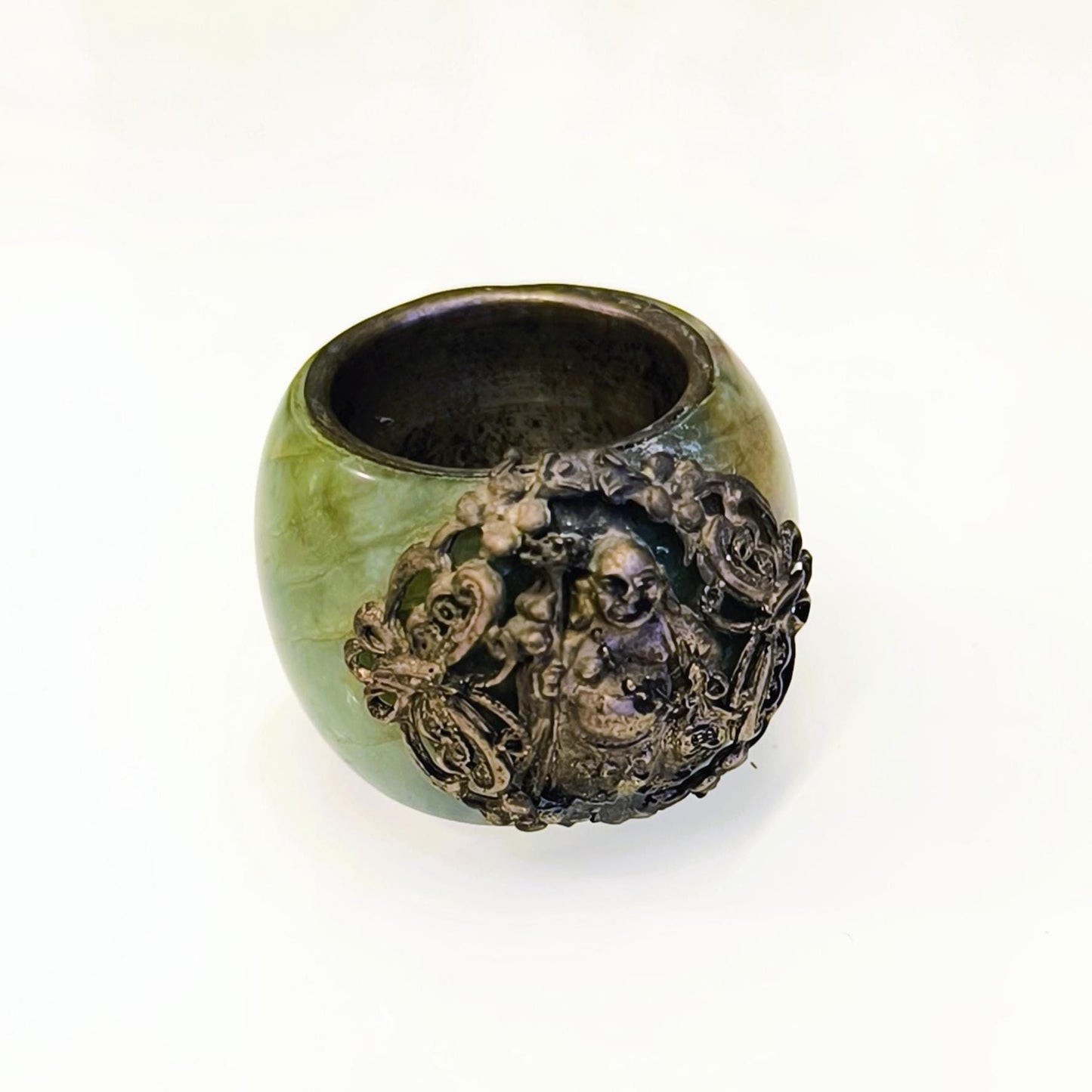 Buddha Napkin Ring, Green Stone Bronze Inlay 1970s