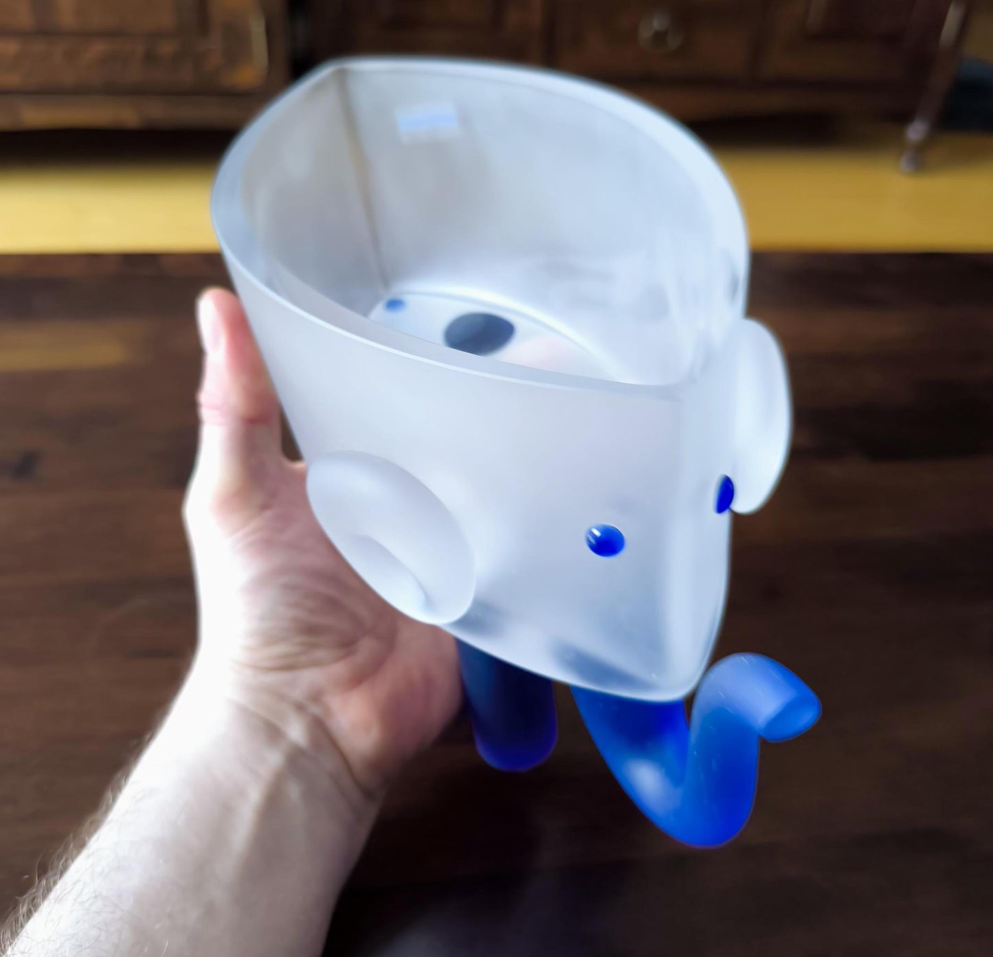 Borowski Sculptural Glass Elephant Bowl, Frosted & Blue, Collectible Art, 2000s