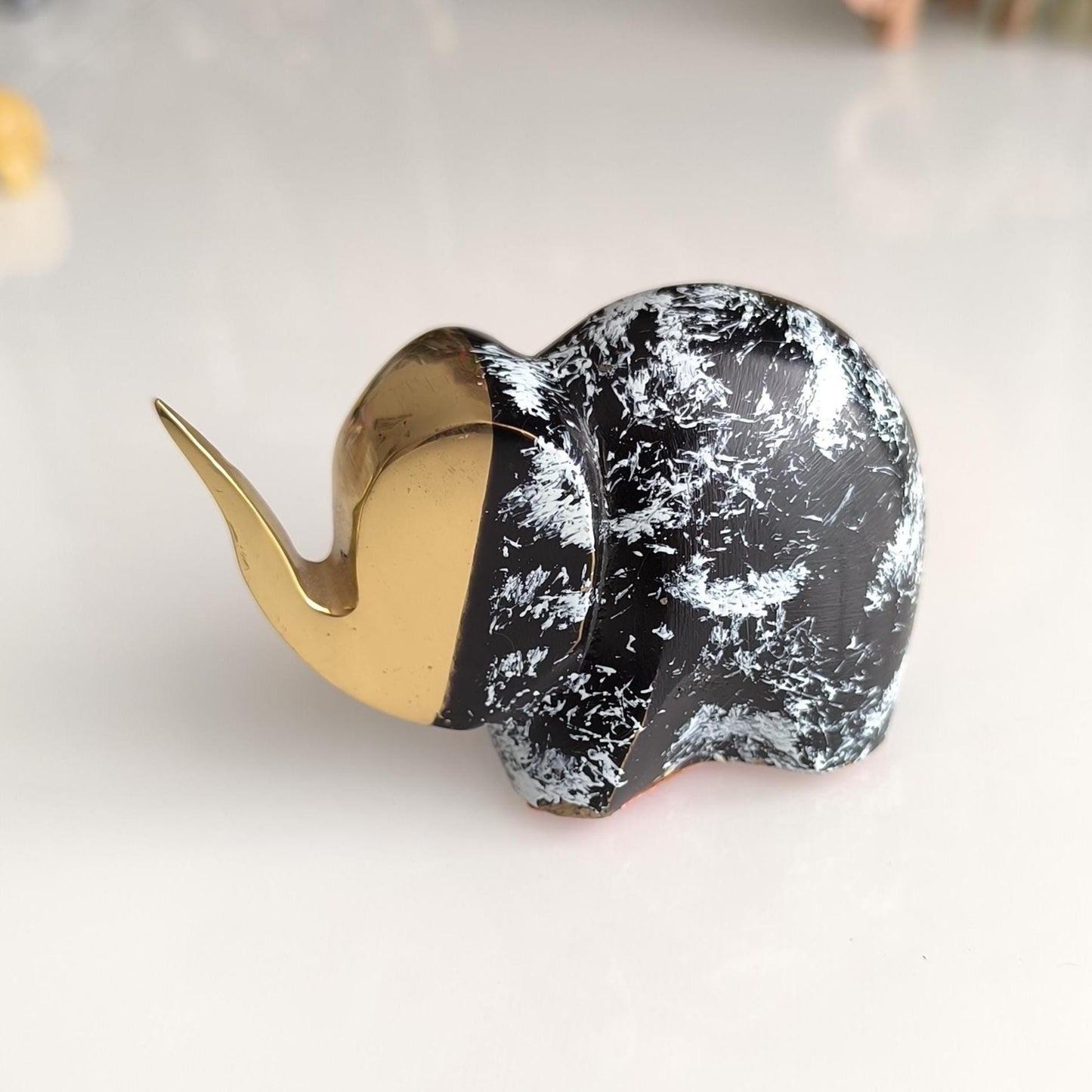 Handmade Small Black Elephant Statue with White Accents and Gold Head, 1980s
