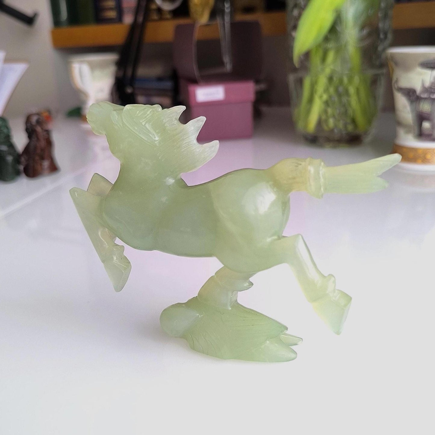 Handmade Light Green Jade Galloping Horse Statue on Bird Base, 1970