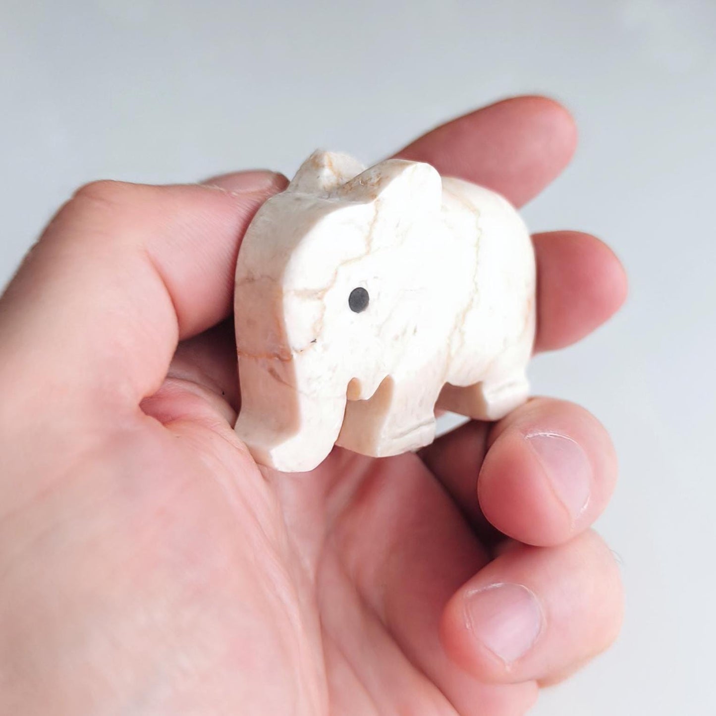 Small White Stone Elephant Statue with Black Eyes, Handmade 2000s