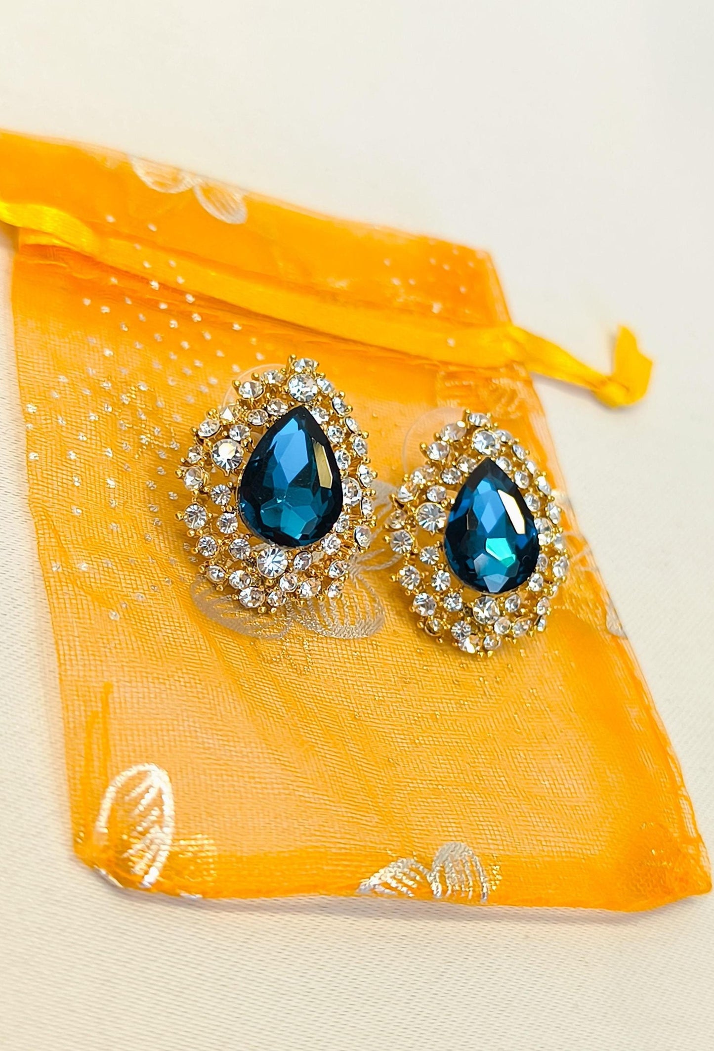 Vintage 2000s 14K Gold-Plated Stud Earrings with Blue Drop Swarovski Crystal & Diamond Accents