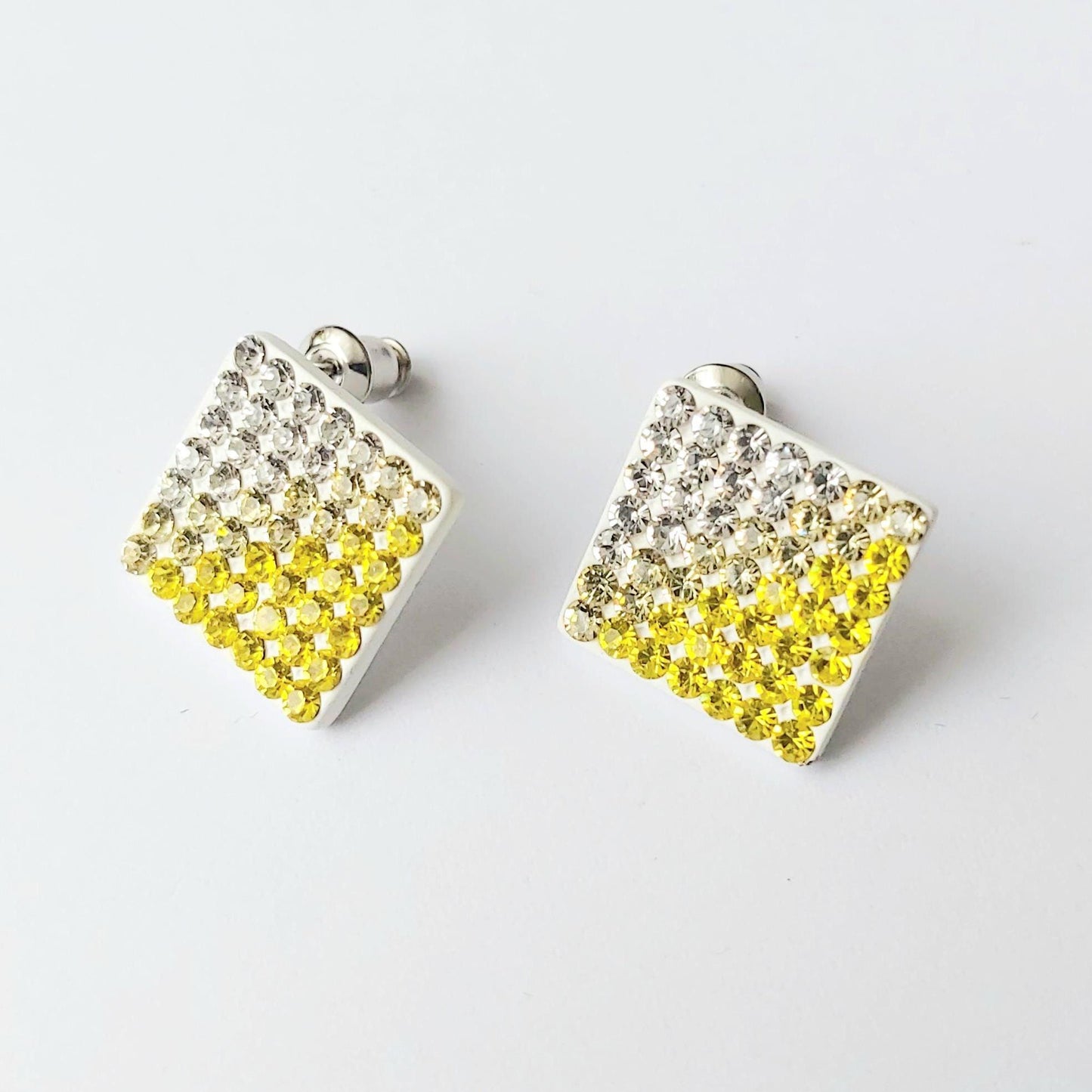 Vintage 2000s Ceramic Costume Jewelry Earrings, Two-Triangle Mosaic with White & Yellow Crystals