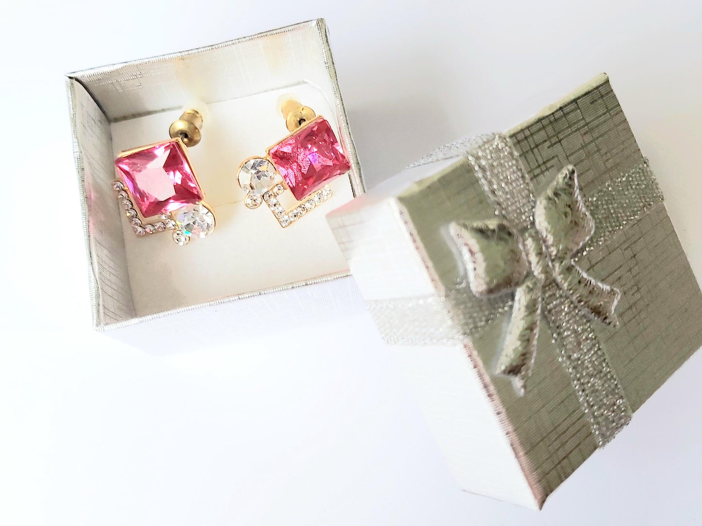 Vintage 14K Gold-Plated Stud Earrings 2000s, Ruby & Diamond Imitation Pair