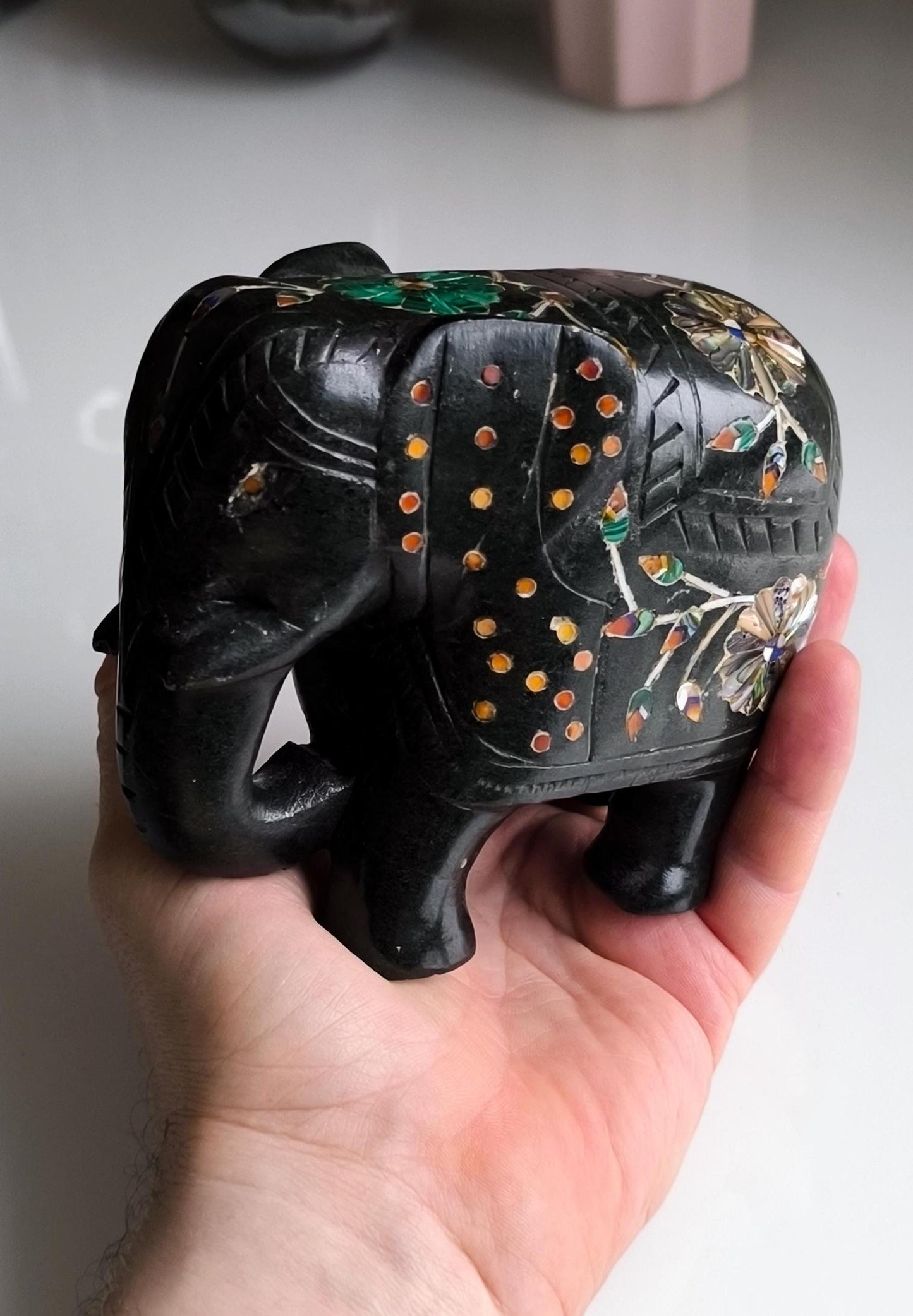 Vintage Black Painted Marble Elephant Statue, Inlaid Gemstones, Handmade 12 cm, 1980s