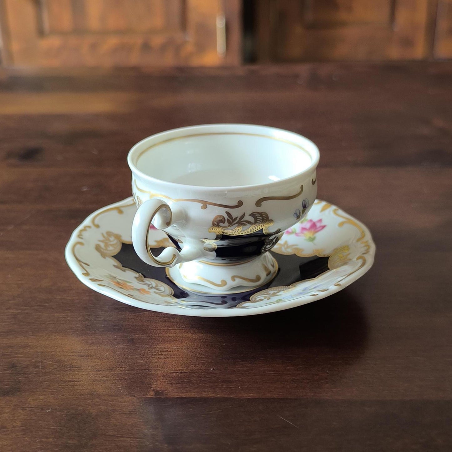 Weimar Porcelain Mocha Collector's Cup & Saucer – Hand Painted, Cobalt Blue, Gold Trim, 1970s