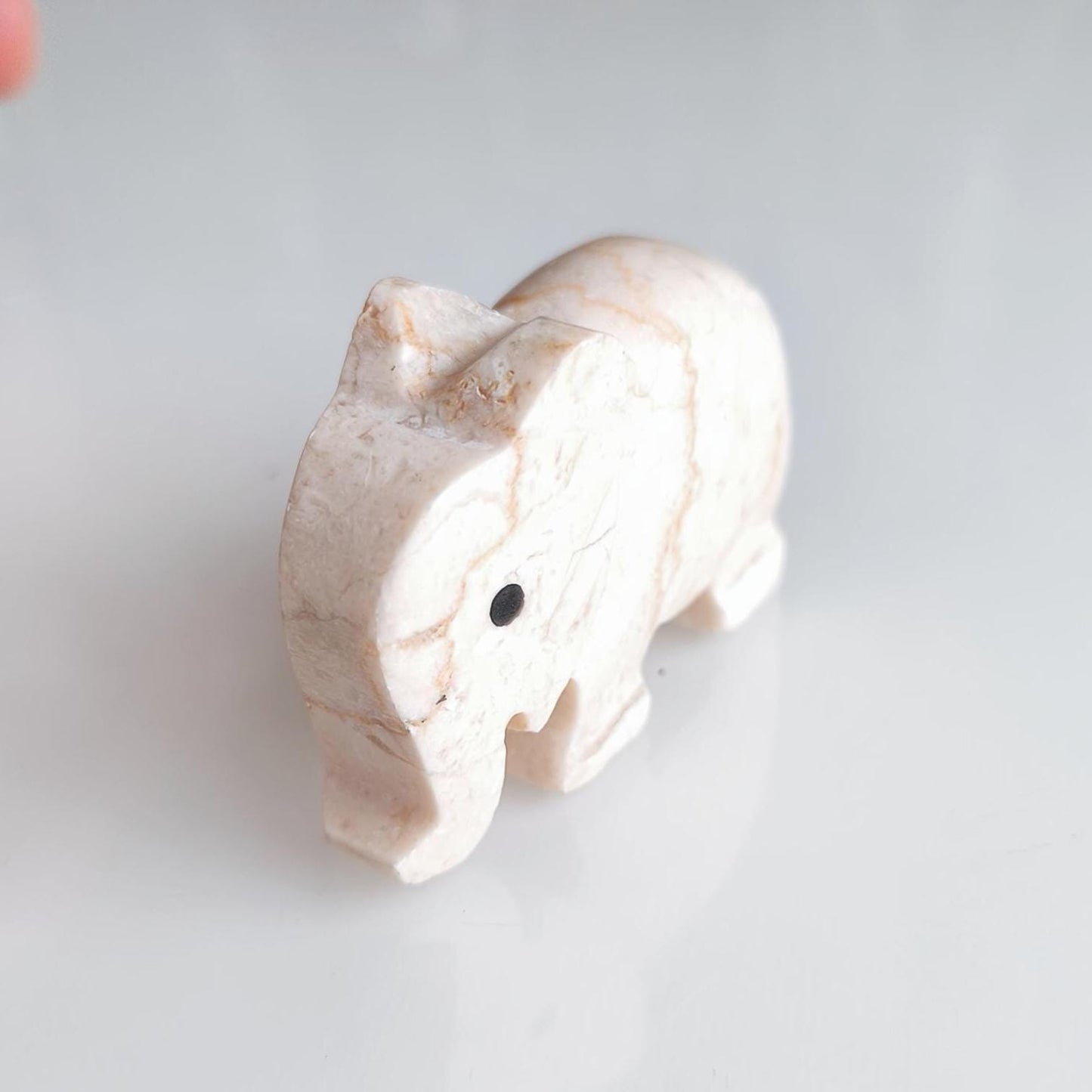 Small White Stone Elephant Statue with Black Eyes, Handmade 2000s