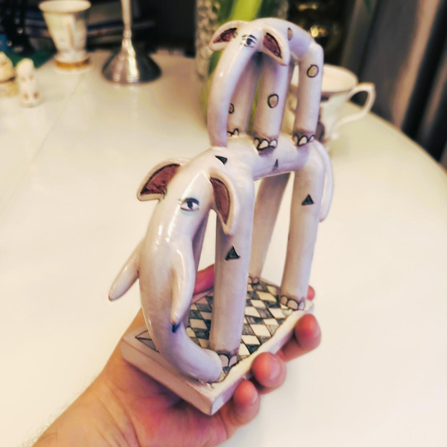 Two Stacked Ceramic Gray Elephants With Ornaments On Base 1970