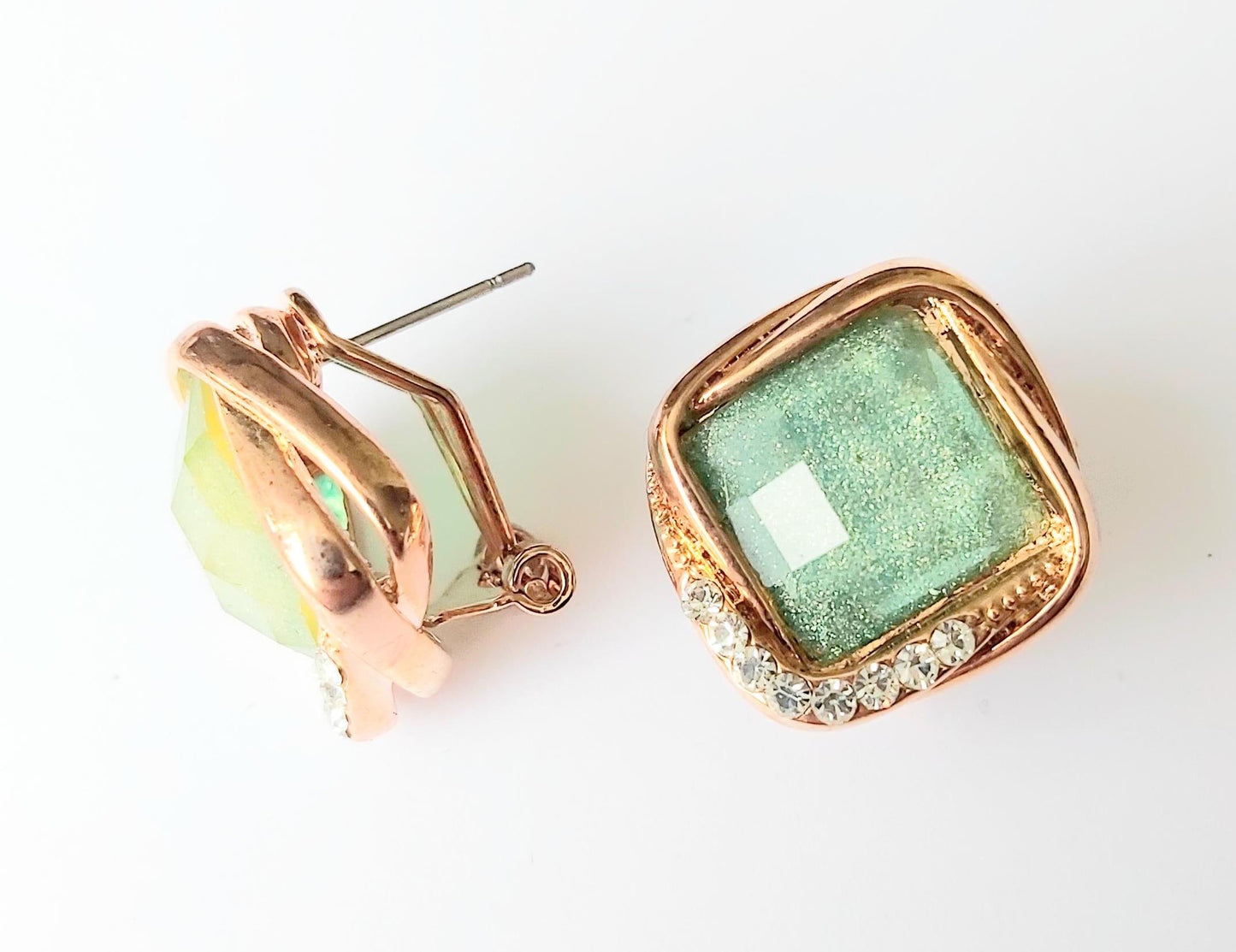Vintage 2000s 14K Gold-Plated Stud Earrings with Large Green Square Crystal & Small Diamond Accents