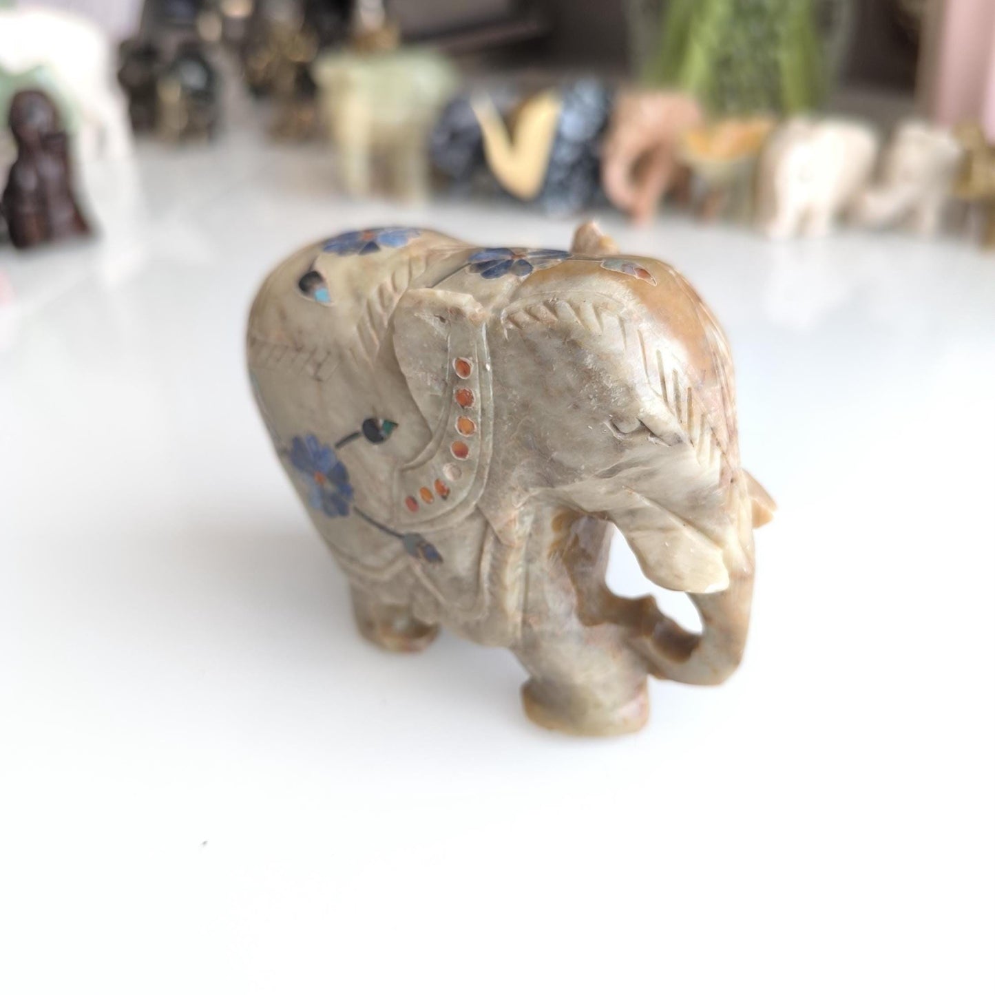 Hand-Carved Asian Elephant Statue with Inlaid Colored Stones, 1980s