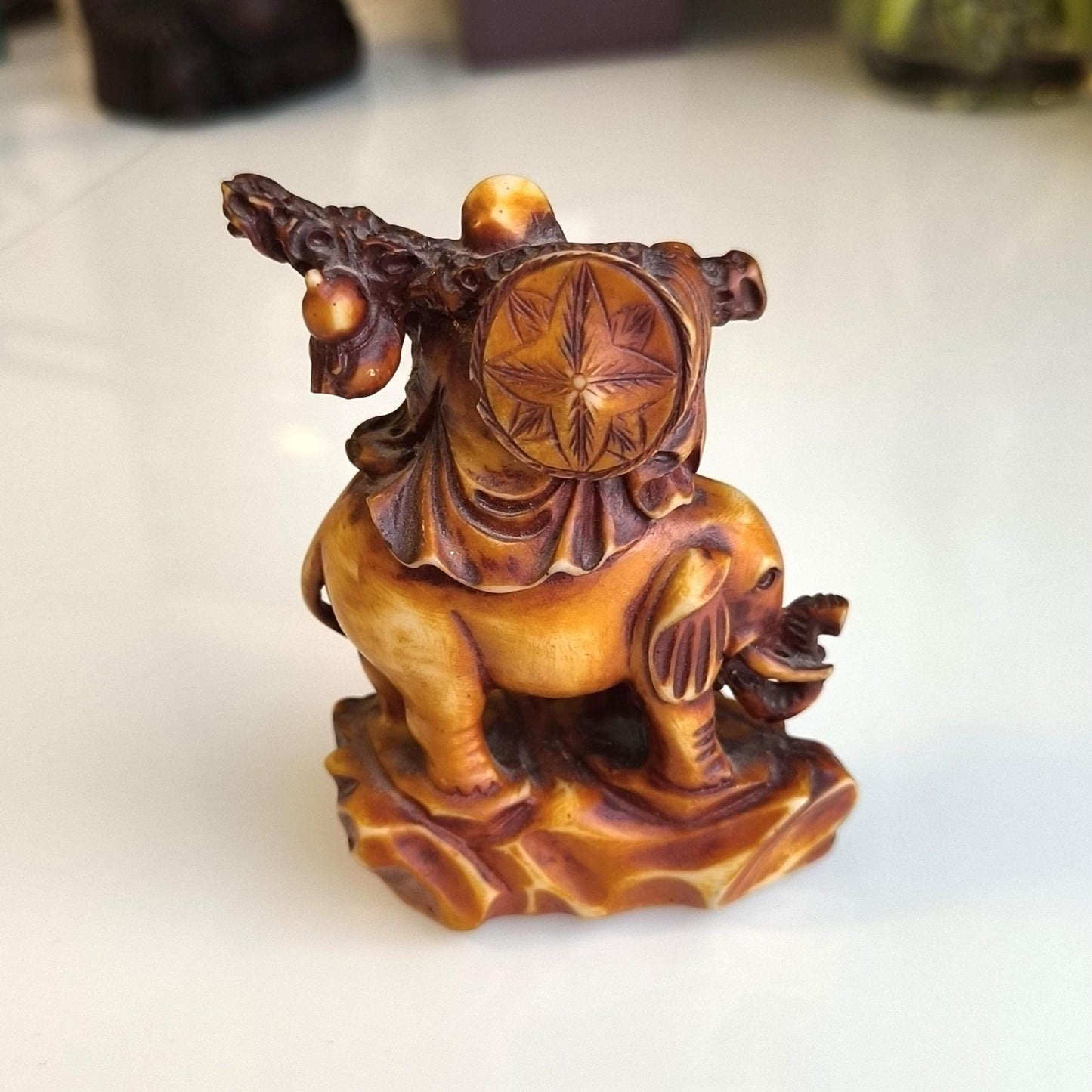 Sitting Buddha on Elephant Statue, Brown Resin 1970s