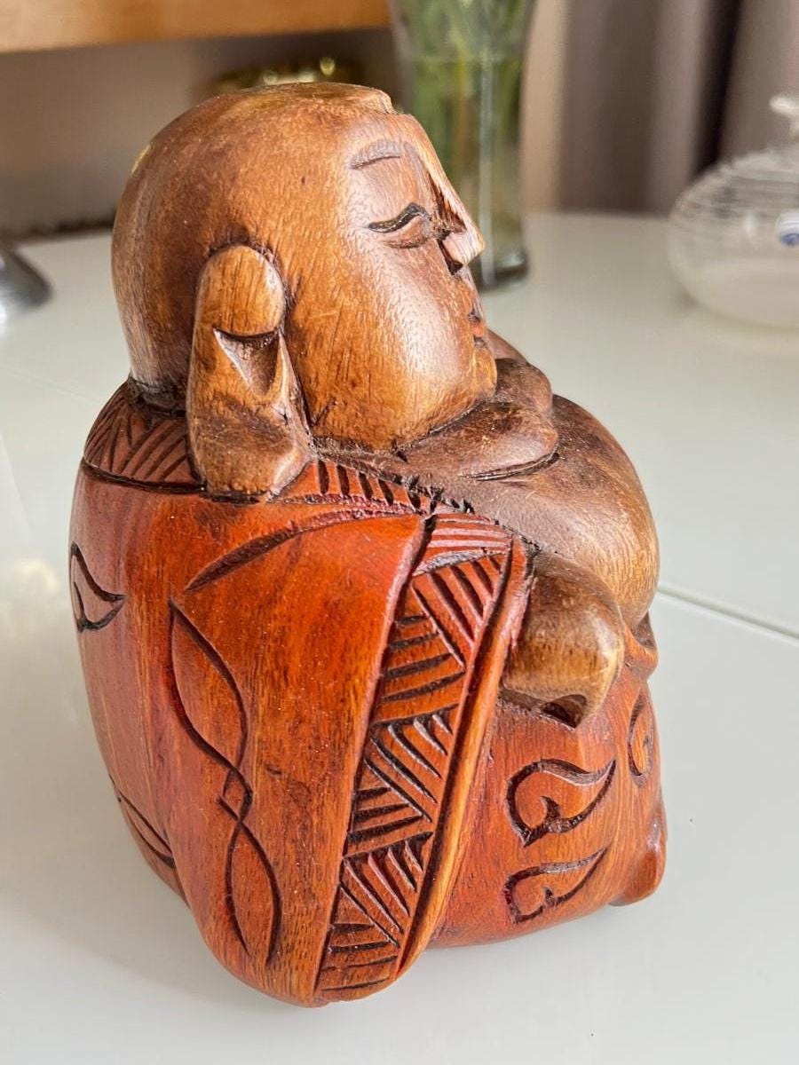 Brown Wood Sitting Buddha Hand-Carved Figurine 1980s