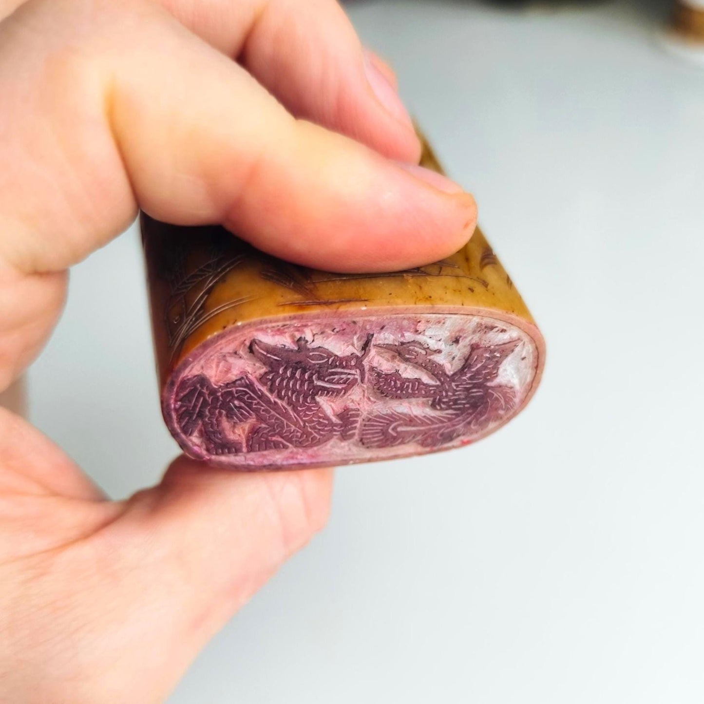 Handmade Brown Stone Sitting Budha Figure Stamp with Dragon and Phoenix, 1970