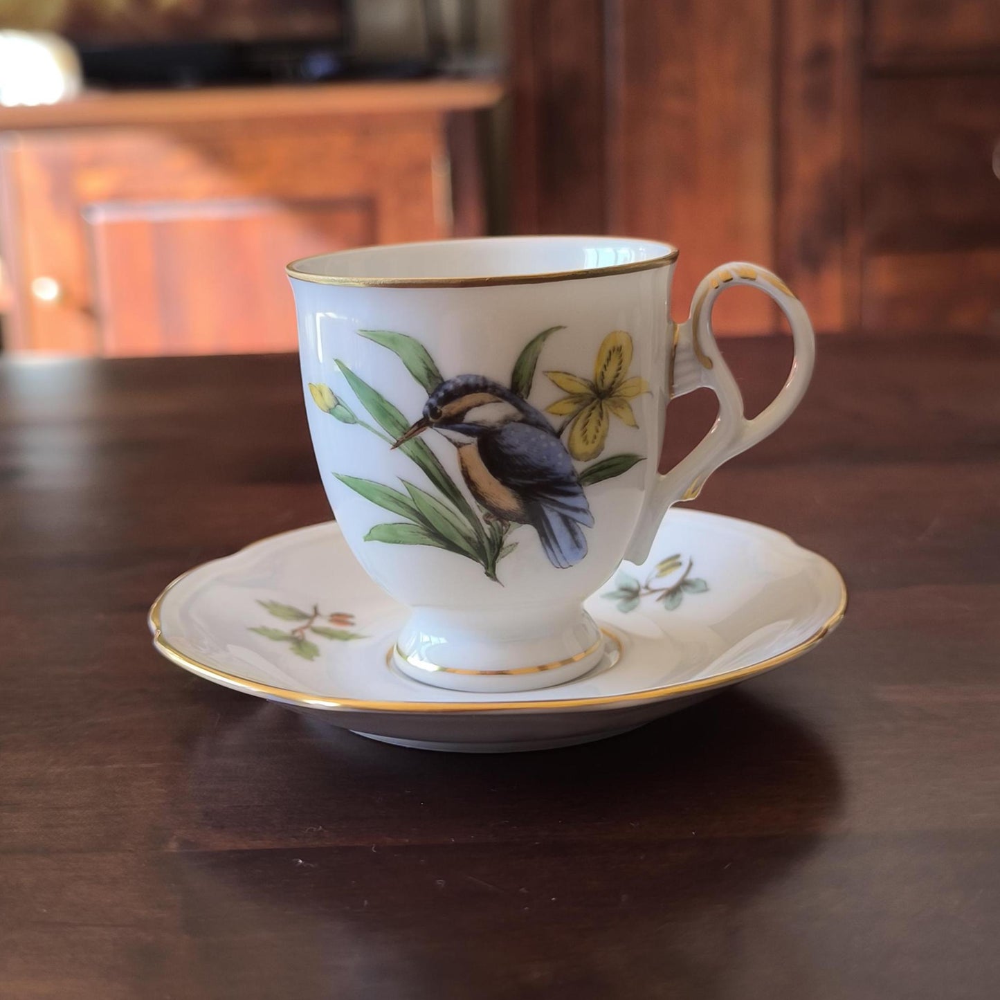 German Porcelain MPM Saxonia Coffee/Tea Cup & Saucer – Hand-Painted Blue Bird, Yellow Flower, 1980s