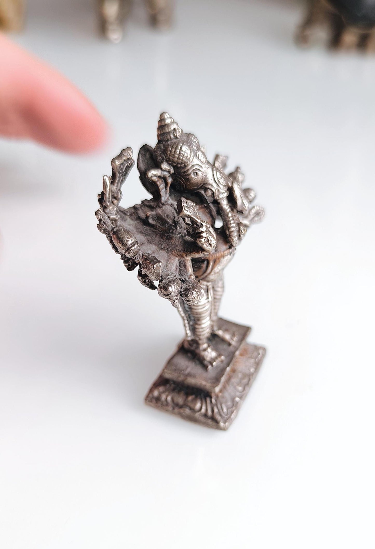 Bronze Silver Tone Small Ganesha Statue with Many Hands – Hindu Elephant Deity, 1970s