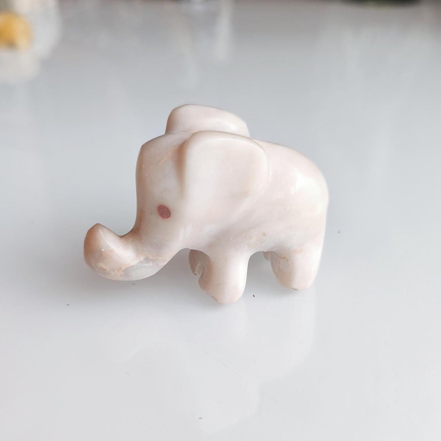 Small White Stone Elephant Statue with Red Eyes, Handmade 2000s