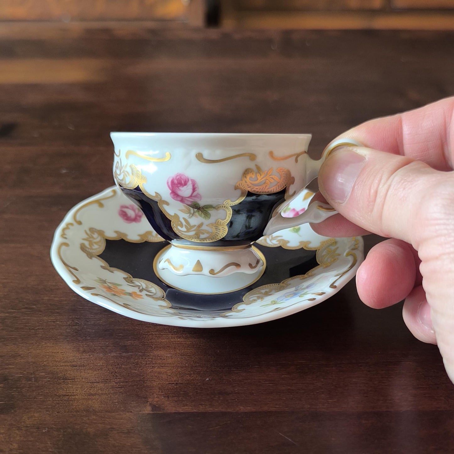 Weimar Porcelain Mocha Collector's Cup & Saucer – Hand Painted, Cobalt Blue, Gold Trim, 1970s