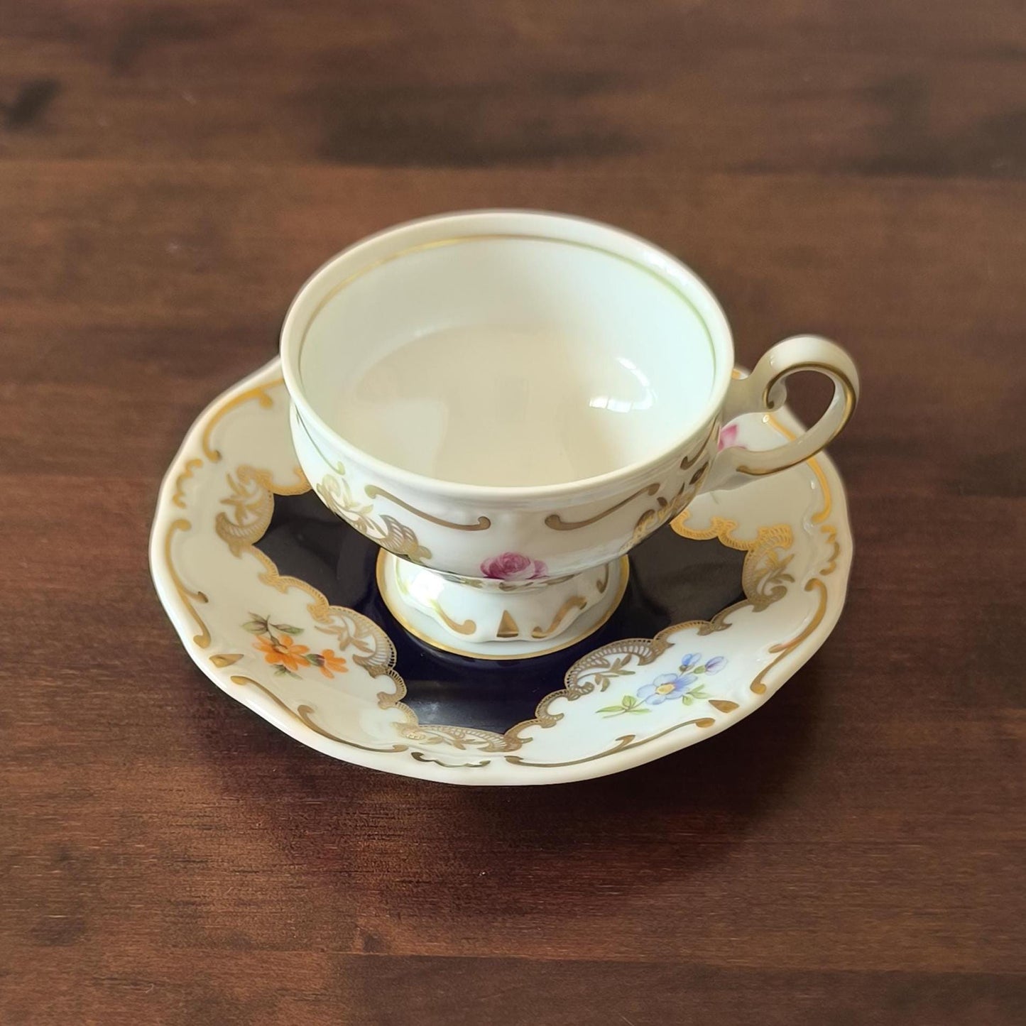 Weimar Porcelain Mocha Collector's Cup & Saucer – Hand Painted, Cobalt Blue, Gold Trim, 1970s