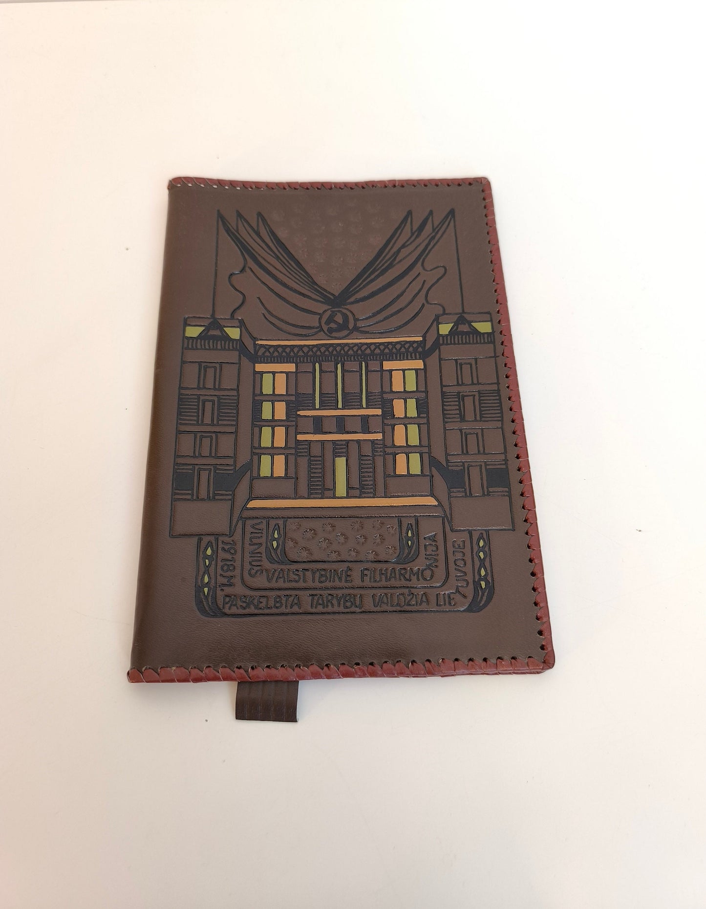 Leather Notebook Cover, Handcrafted Embossed with Lithuanian Inscription: Vilnius State Philharmonic, 1918 Soviet Rule Declaration