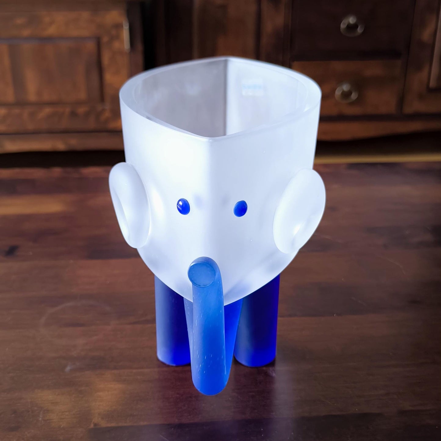 Borowski Sculptural Glass Elephant Bowl, Frosted & Blue, Collectible Art, 2000s