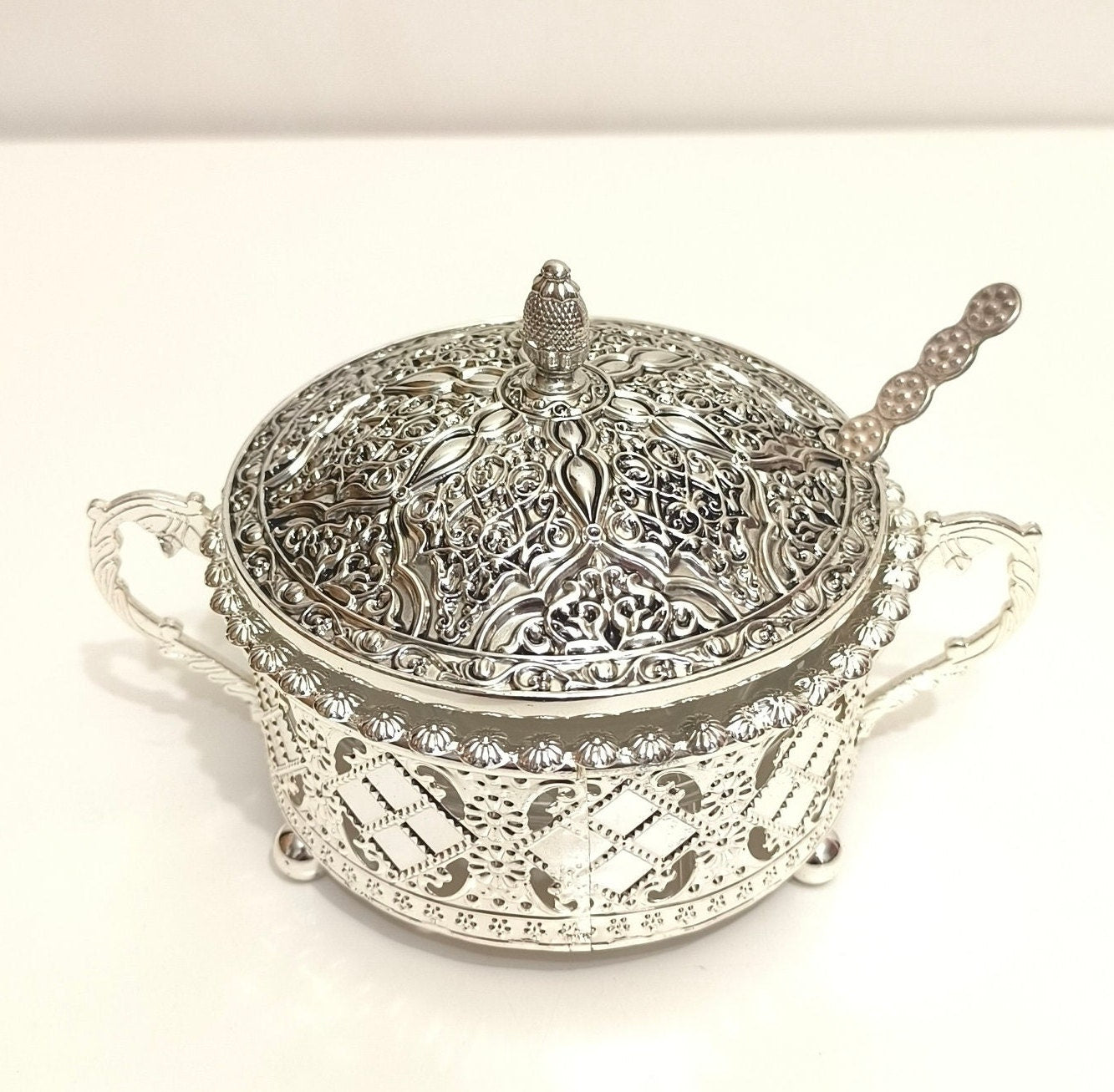 Silver Plated Sugar Bowl with Glass Insert: Asian Inspired