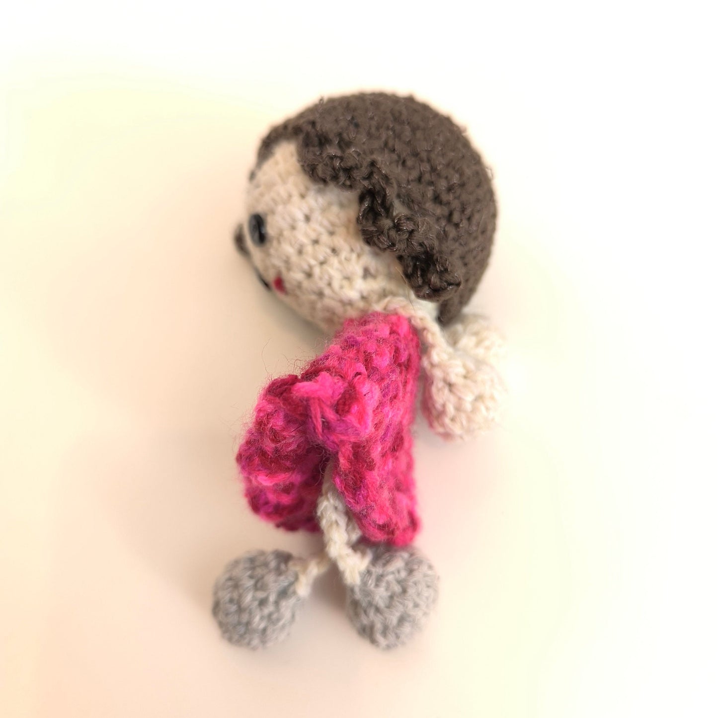 Handmade Knitted Doll, Girl with Dark Hair, Red Dress, Gray Shoes, Collectible Doll